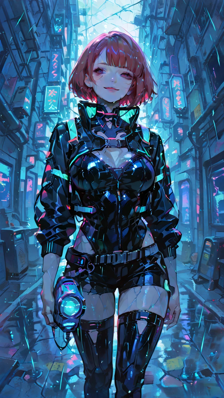 masterpiece, best quality, highly_detailed, 1girl, adult, short_hair, red_hair, confident_smile, large_breasts, thigh_emphasis, cyberpunk_outfit, neon_jacket, standing, cyberpunk_city, rain, neon_signs, front_view, holding_holographic_device, dynamic_composition, anime