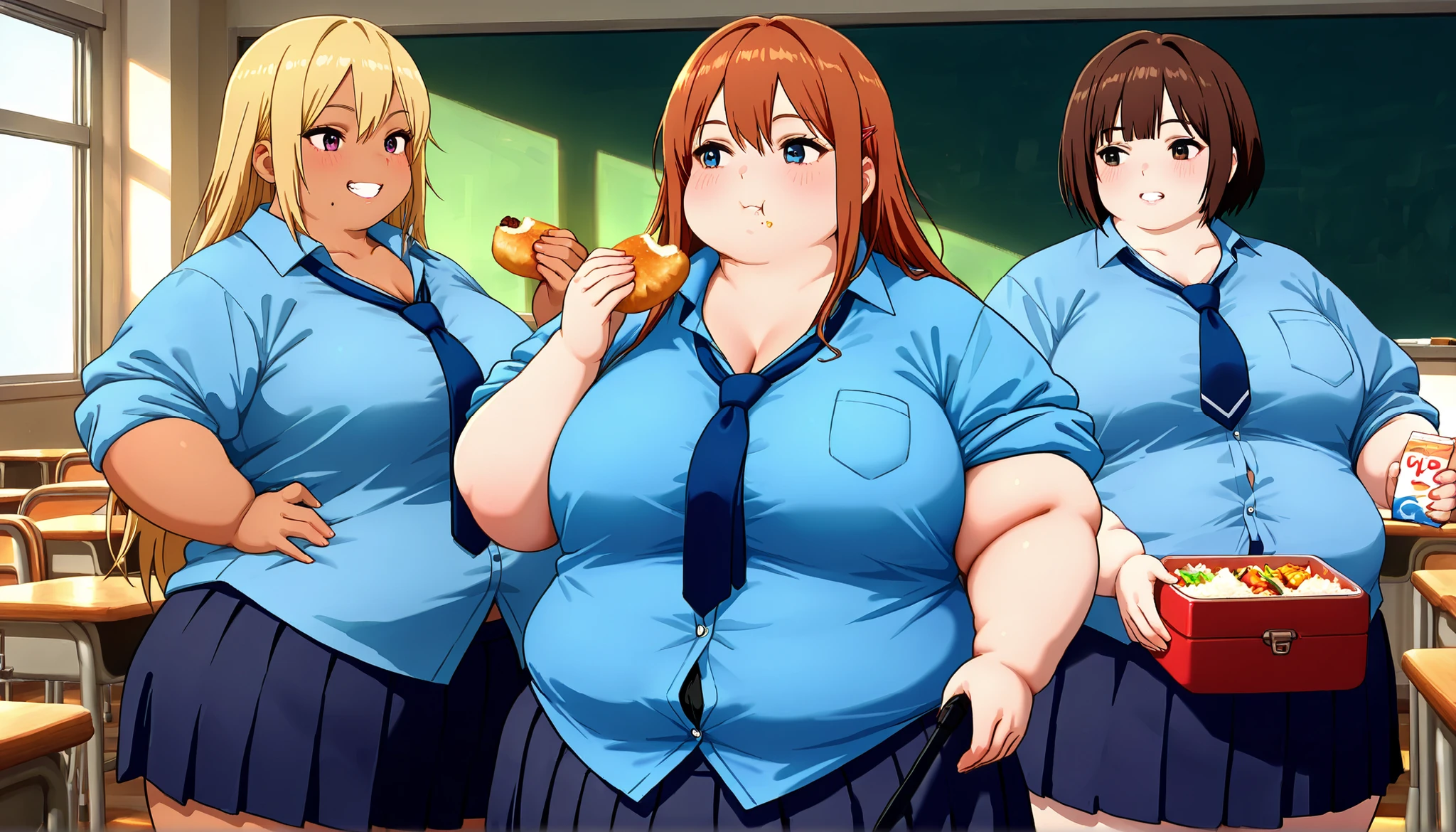 HDR, 8K, high contrast, masterpiece, best quality, amazing quality, very aesthetic, high resolution, ultra-detailed, absurdres, realistic, newest, scenery, score_9, score_8_up, score_7_up, group of young plump schoolgirls eating snacks in classroom, ((school uniform)), cute, grin, blond hair, brown hair, redhead, long hair, short hair, dark skin, ((chubby)), plump, ((fat)), ((round face)), (((double chin))), (((blue button down shirt))), ((collarbone)), (((tie))), long sleeves, ((rolled up sleeves)), chest pockets, short dark skirt, classroom, lunch box, eating, detailed, realistic, (dickerchen), ((anime character)), (gyaru), Painstaking Attention To Details