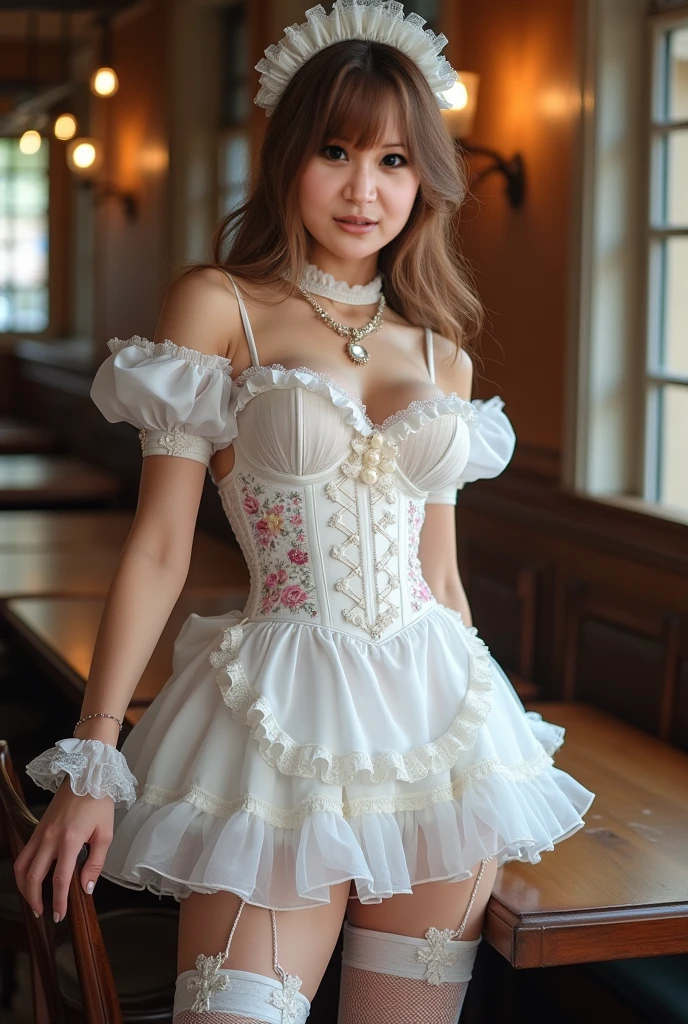 (Best quality, high resolution: 1.2), Ultra-detailed, (Realistic: 1.37) brunette, médium brown hair, brown eyes, small cheast, pretty smile, 30 years, full body, White lace dress, Off-shoulder sleeves, Corset-style top, Drawstring details