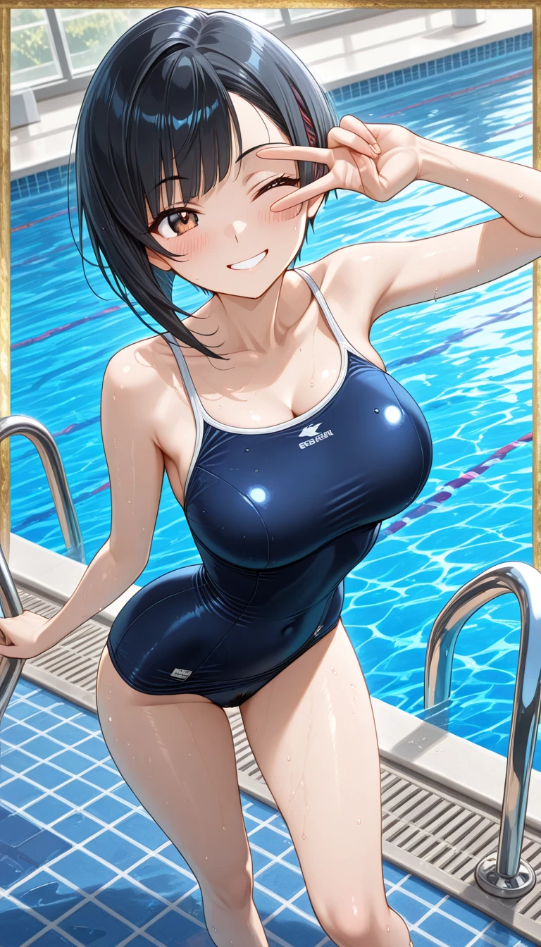 A boyish beauty with big breasts and beautiful legs, her hair cut short and slightly spread out at the back, is standing in a blue high-leg swimsuit, looking at a man who is taking her photo by the school pool with an irritated expression on her face.。
