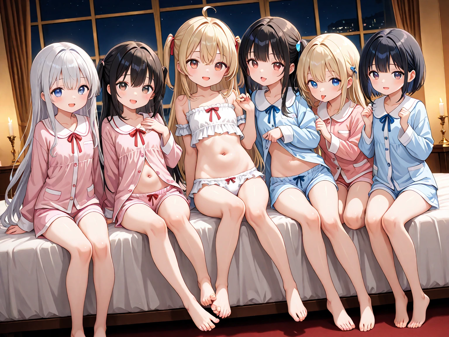((Highest quality)), ((masterpiece)), (detailed),Perfect Face,Strong light from the front,With front light,A group of nurses sitting on a hospital bed wearing only their nurse uniform tops and bare lower bodies with their legs spread apart, no panties or bras,