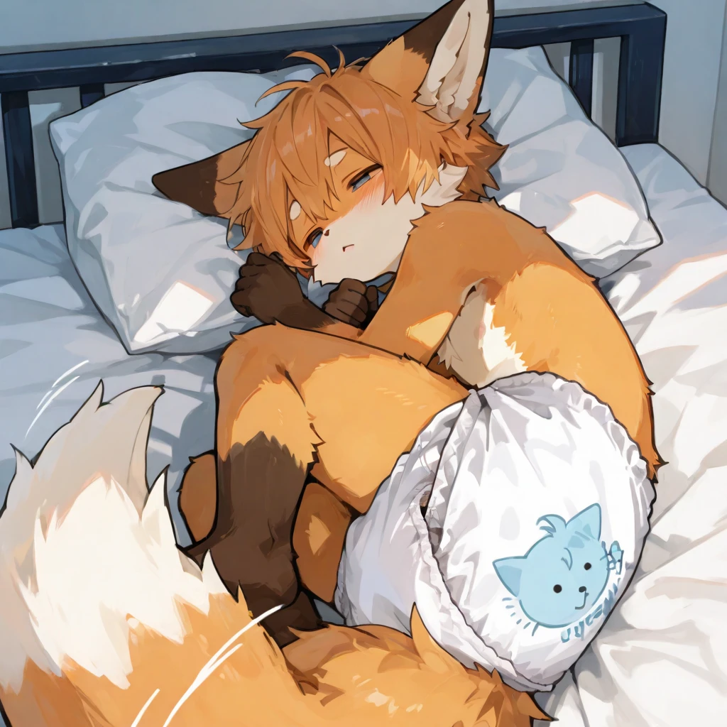 furry,kemono, ddler(One cute red fox boys),single,Blonde hair,Wearing cute diapers,clean diaper,Naked,,sleeping, protrait photo,HD