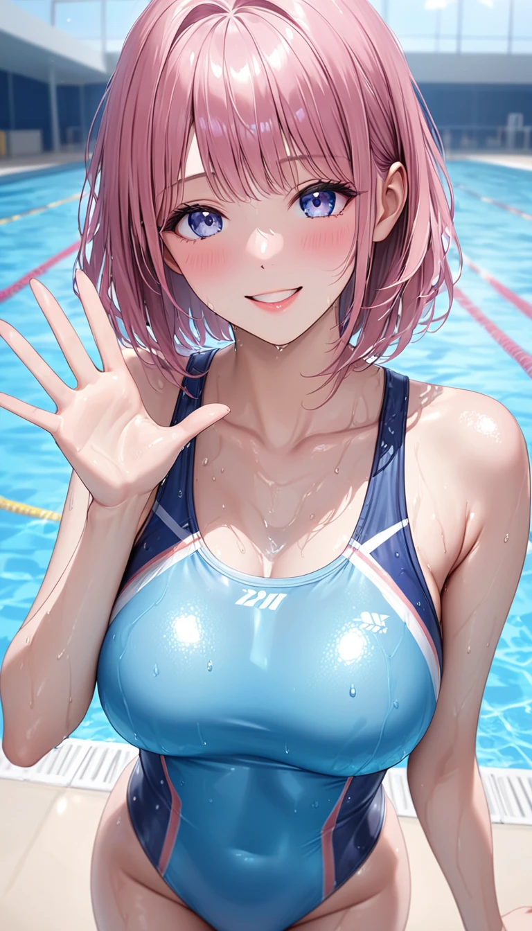 masterpiece, High resolution, perfect face, beauty of japan, 30 years old, competitive swimsuit, pool, beautiful swimmer, embarrassed look, look at the camera, top quality eyes, detailed texture, look at the camera, medium tits, Married woman, cool women, high resolution eyes, swimming clab