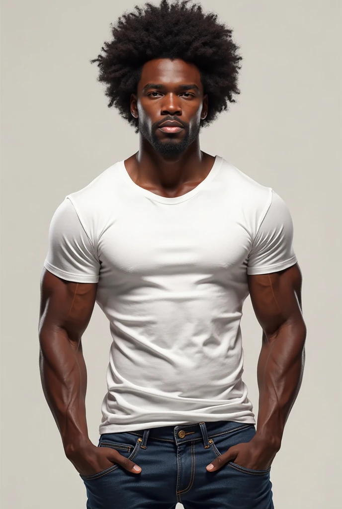 black man, blue jeans, black vest, red star tattoo, messy curly hair, no shirt