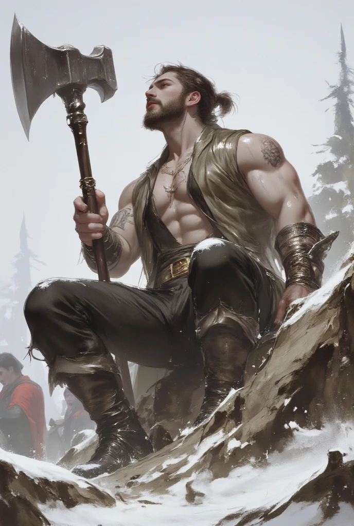 male focus, high detail fantasy portrait oil painting illustration of a single rugged stoic barbarian man by Justin Sweet with( face and body:1.3) clearly visible, in a scenic background, pupils visible, realistic proportions, d&d, rpg, forgotten realms, artstation trending, high quality, sombre mood, artstation trending, muted colours, no crop, entire person visible