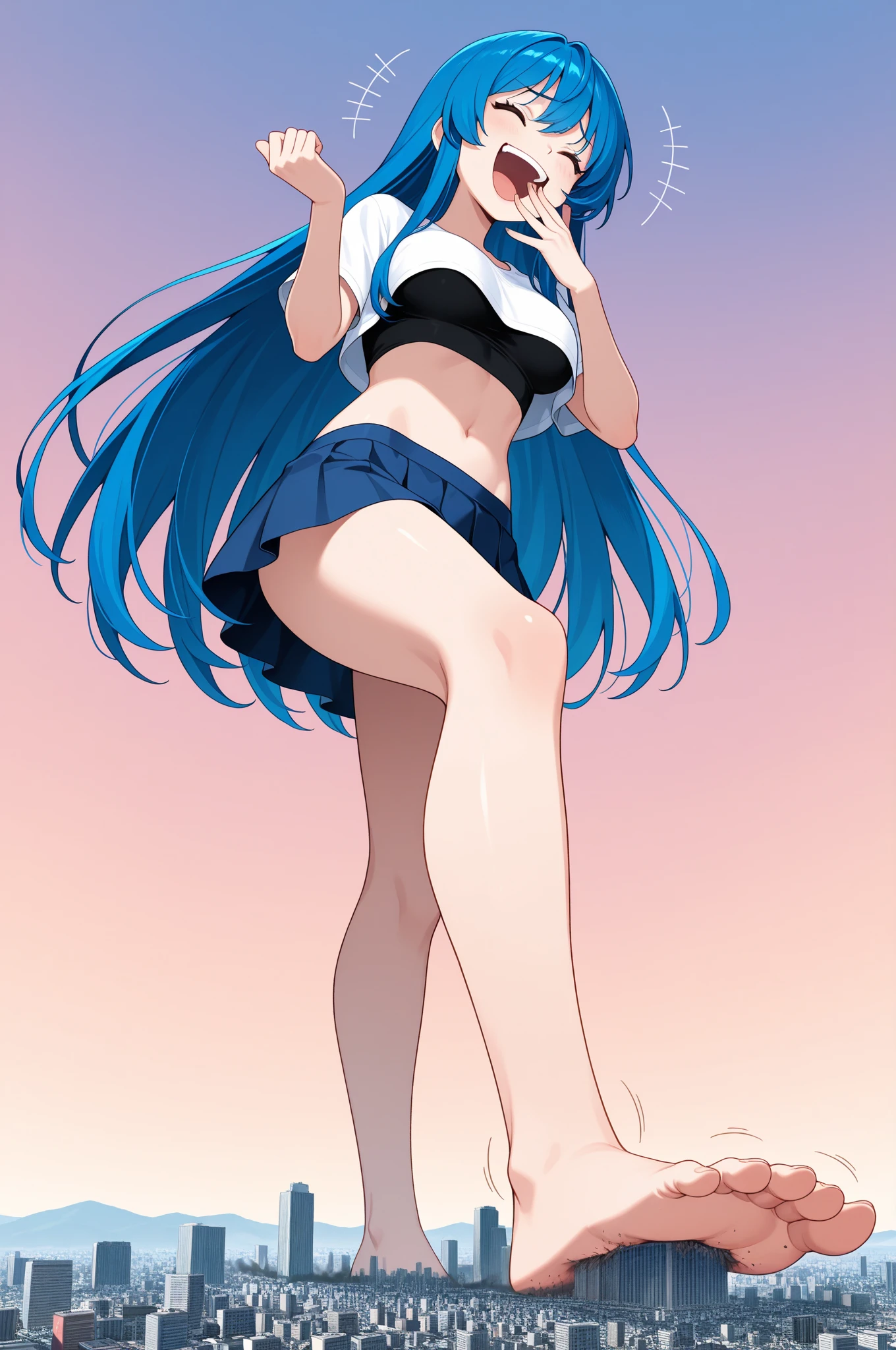 (1 Girl),(high quality), (High resolution), (Very detailed), (8K),(Demolition paperback correct)、Urusei Yatsura、Ram-chan、((White and navy blue sailor suit))、Navy blue pleated skirt、Cute Panties、((Focus on the whole body))、Nipple Shape、((Black knee-high stockings))、Hair messed up by the strong wind、Neutral White Lighting,Sexy pose、