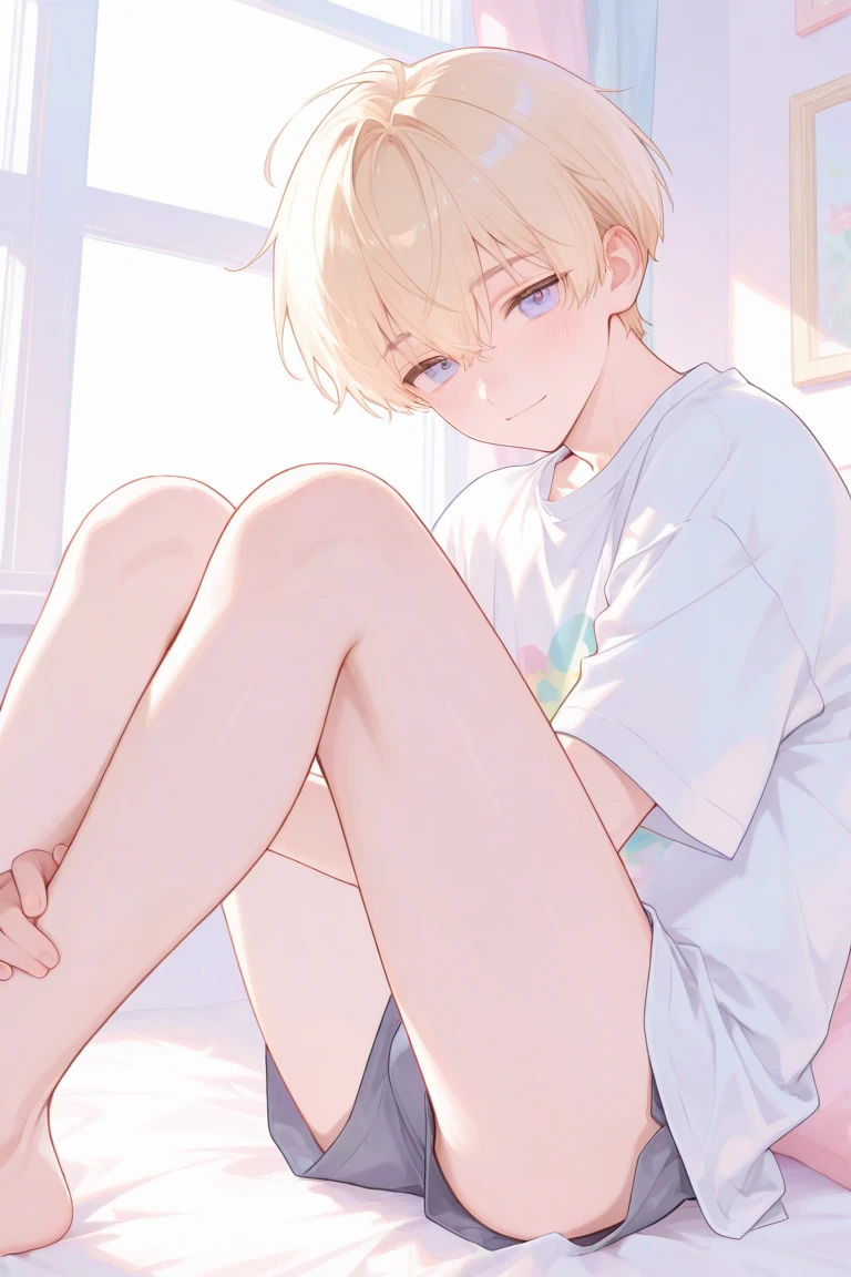 (masterpiece, highest quality, 8k, 16k, high quality), 1boy, adult male, male focus, femboy, crossdresser, okoto no ko, tall, flat chest, thick thighs, short hair, messy hair, blond hair, dog ears, dog tail, fluffy tail, long tail, blue eyes, black sport shorts, bulge, white t shirt, inside, bedroom, laying on bed, blushing smiling,