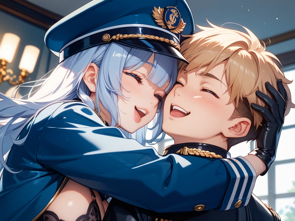 2 girls、 {{Master peace}}, short wavy hair, navy hair, black cat ear, Blue eyes,military outfit、embracing each other、{{Master peace}}, {{{maximum quality}}}, {{ultra- detailed}}, {{illustration}}, short hair,Purple eyes,Black hair,military outfit、embracing each other、Battlefield Background、