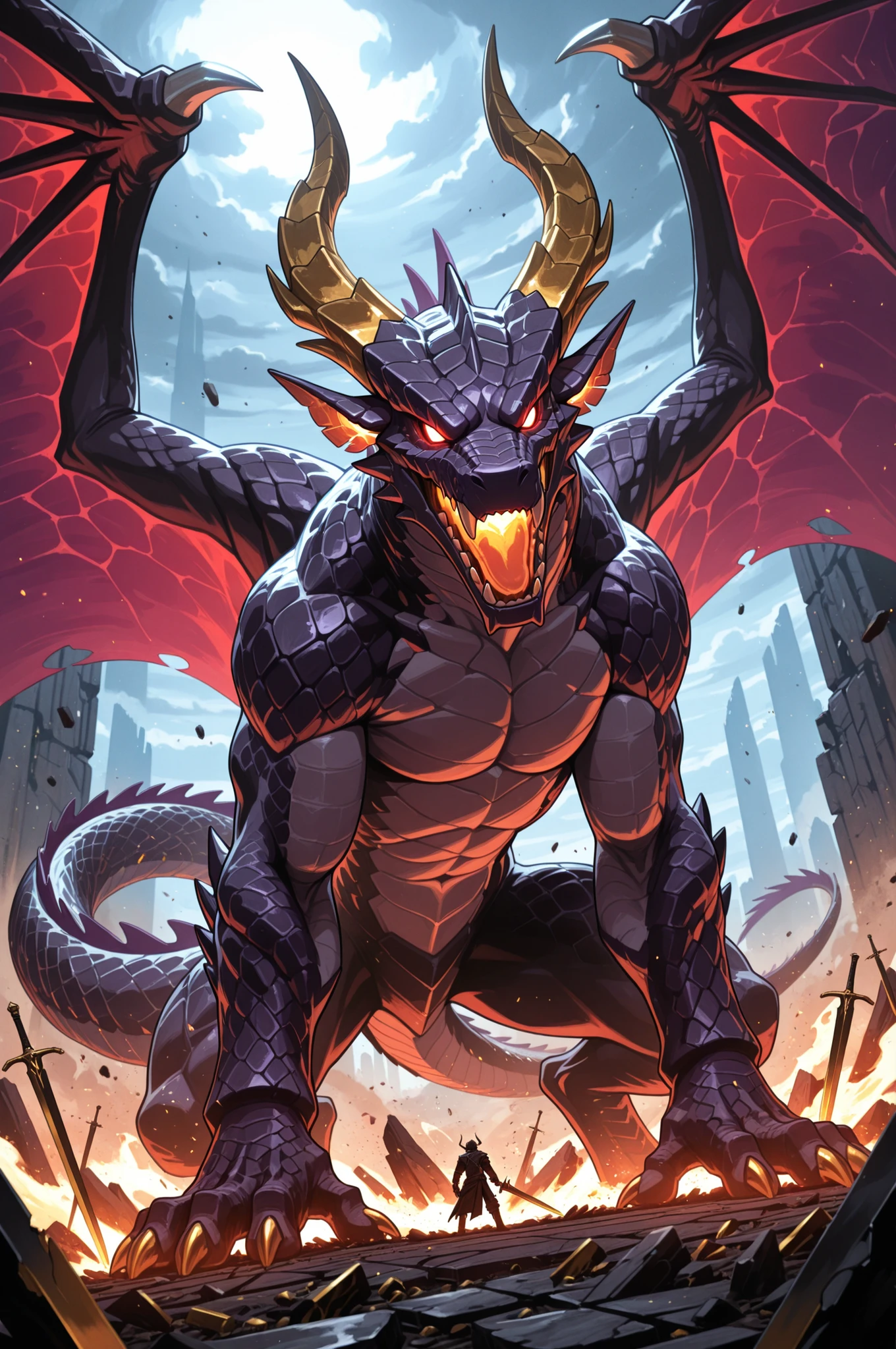 Miraculous Masterpiece,top quality,(Very Aesthetic),solo,I need his help,Filthy Horns,BREAK,(Gold and Dark Purple Scales,Detailed Multicolored Scales),(off,strong,Giant and Greedy,Wings of the Blade have grown,  Legendary Creatures,Composite Dragon),BREAK,MX4D,Golden Accessories,(Growl),null,wide angle,(Rimlight),BREAK, Dynamic Shadows,完璧な澄み切ったnull,
