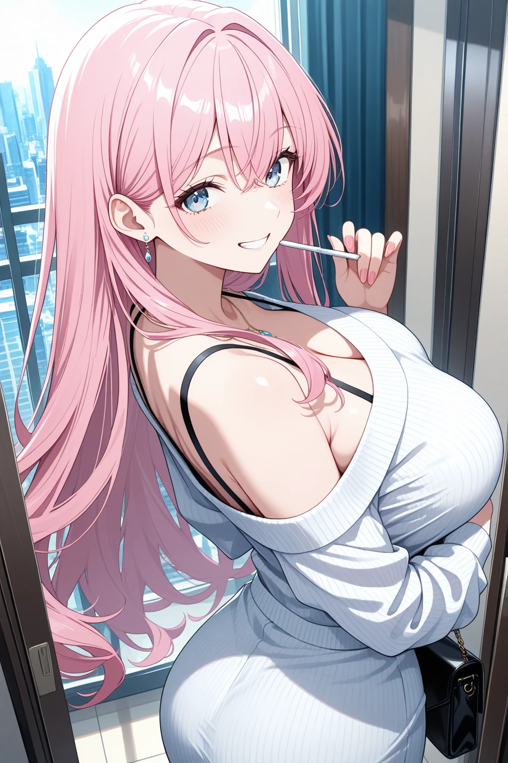 1 girl, solo, pink hair, brown eyes, double-parted bangs, long hair, (mature female, mature:1.2), (pixiv:1.4), high quality, mole under eye, white lacey dress, choker, earrings, lipstick, big bust, bright smile, happy, looking at camera, good anatomy