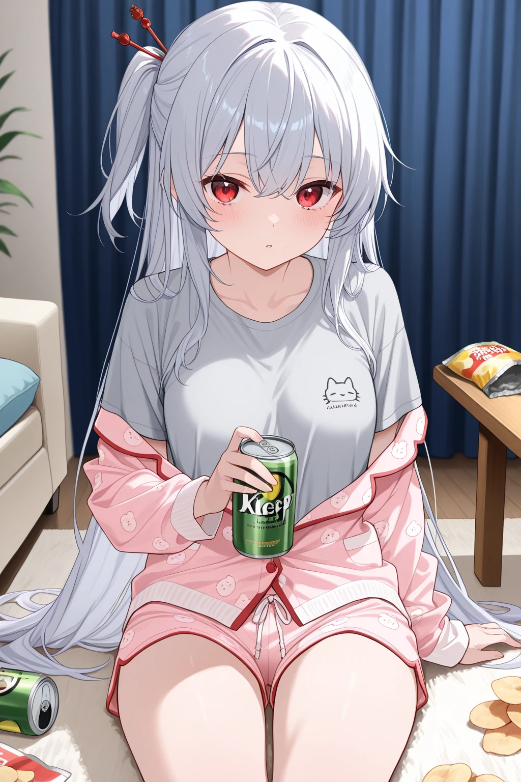 (overhead shot, full body, panorama:1.5), masterpiece, 8k wallpaper, absurdres, best quality, dynamic angle, detailed lighting, 1girl, charming, delicate, extremely cute, medium breasts, white hair, ahoge, long hair, super messy hair, detailed eyes, red eyes, (strapless top, shorts, super bored, blush, frown, mouth open, unhappy, sweat:1.2), sucking popsicle, laying on couch, hair clips, blush, bright lighting, detailed background, indoors, living room, couch, double window sliding doors, flower pots, shelves, wooden floor, lamps, carpet, paintings, windows