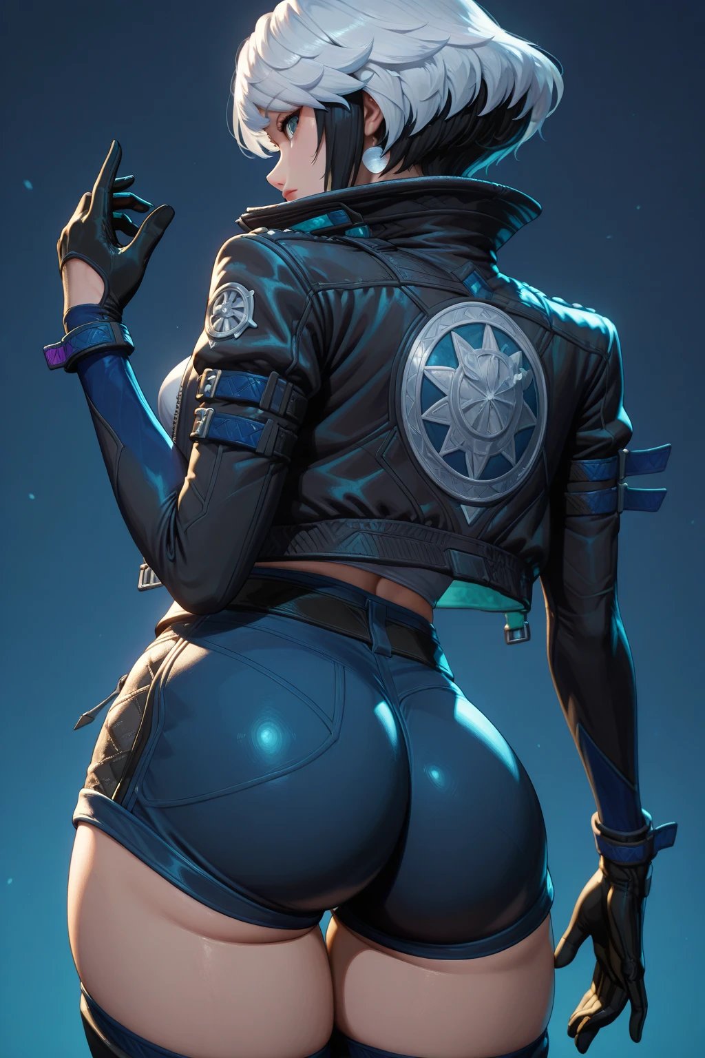Raven team leader, fortnite, (artwork), (artwork), (amazing work), (detailed eyes), (delicate skin), (detailed eyes) artwork, best quality, Best Desinger, Best illustration, anus , ass, focus on ass, grabbing ass, female, female only, from behind, looking back, solo, open ass