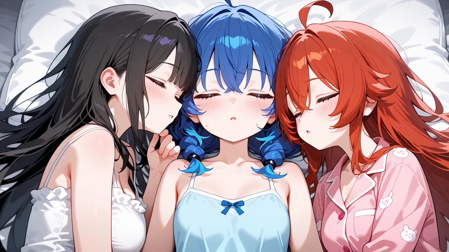 three sexy women in wedding dresses, flirtatious smiles, on bed, closed eyes, opened mouths moaning, close up faces portrait, curly white and red hair