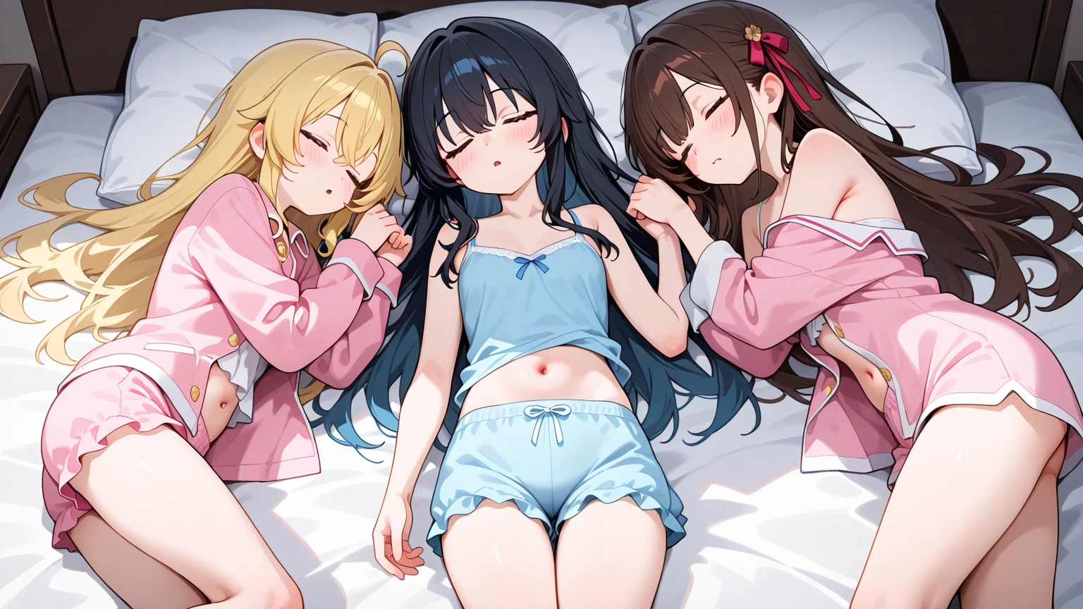 nswf:1.0,(masterpiece: 1.2, highest quality, masterpiece, Clearer images), (Bright colors), ((Take clear photos even from a distance)), (multiple girls), (Harem), (School classmates), (((All school uniforms have the same design))), (((Everyone is wearing the same navy blue skirt))), ((16 years old)), ((prostitution婦)), (prostitution宿, on the bed), (cute Japanese((6 girls))), ((group shot)), (group selfie), wide angle, soft light, ((((Clothes are in disarray)))), (((bad sleeping position)))、(slightly larger breasts), ((prostitution)), (lure), ((viewers love it)), (((sleeping, closed eyes))), (((show panty:1.6)))、((((M spread legs:1.4)))、((female masturbation:1.8))、((breast grab:1.3)),(((bra lift:1.2)))、stick out one's crotch、((put index finger on mouth))、(((lie on bed)))、lying, arms up