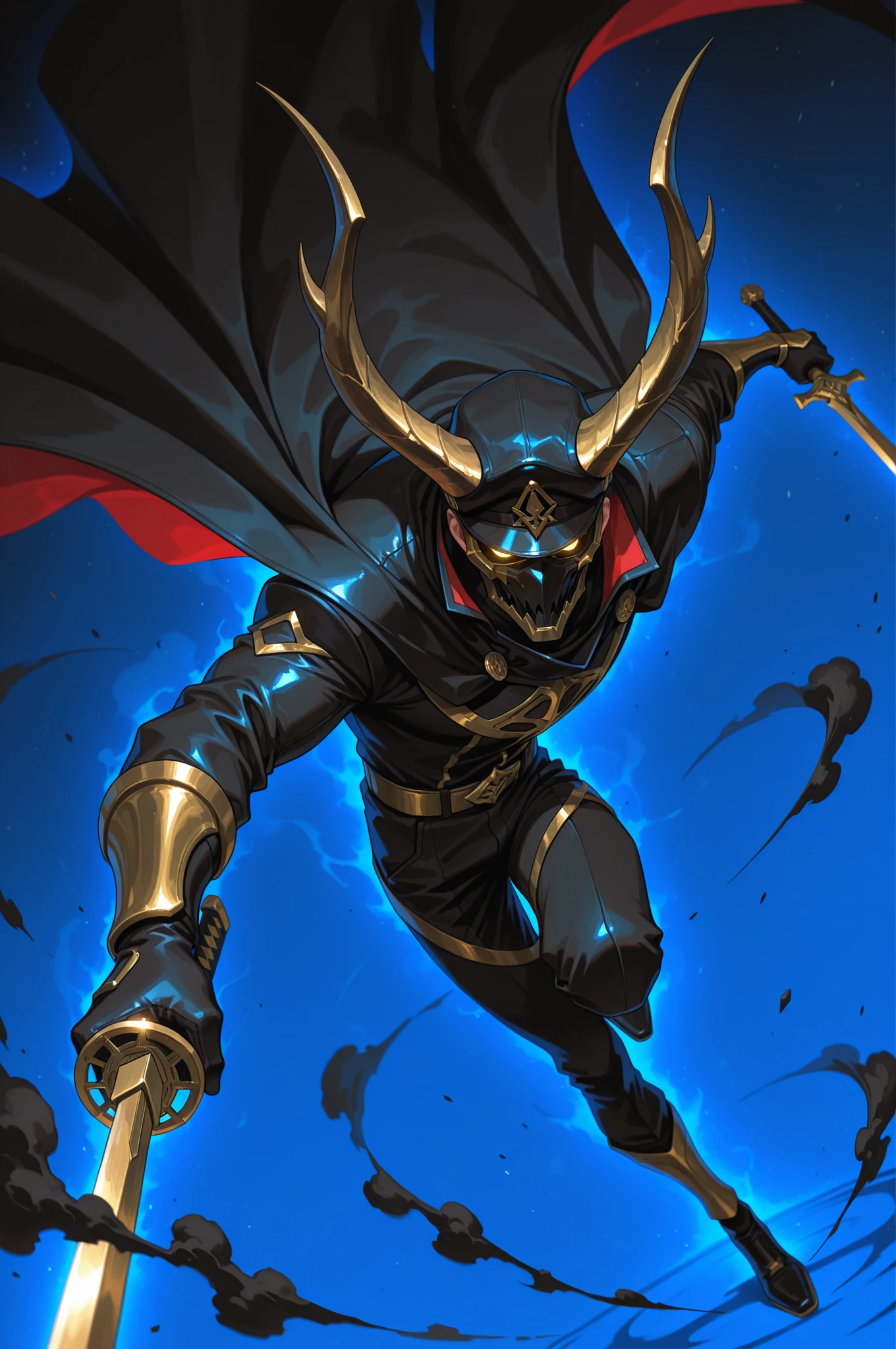 (masterpiece, best quality, absurdres, highres), amazing quality, very aesthetic, volumetric lighting, digital art style, drawn aesthetic, concept painting, ultrahigh definition, dark blue lighting, detailed, intricate details, red low key lighting, newest,1boy, male focus, mask, gold and black theme, simple background, blue background, dynamic pose, action pose, black hair, black attire, urban wear, gold, jewelry, horns, golden eyes, eyelashes, looking at viewer, smoke, glowing eyes, action shot, dynamic pose, high angle, full body, black smoke, chaos, holding sword, image depth, dynamic angle, long cape, cap, foreshortening, blurry background, dark lighting, dark background, dof, depth of field, detailed line work, low key, dramatic lighting, dark theme