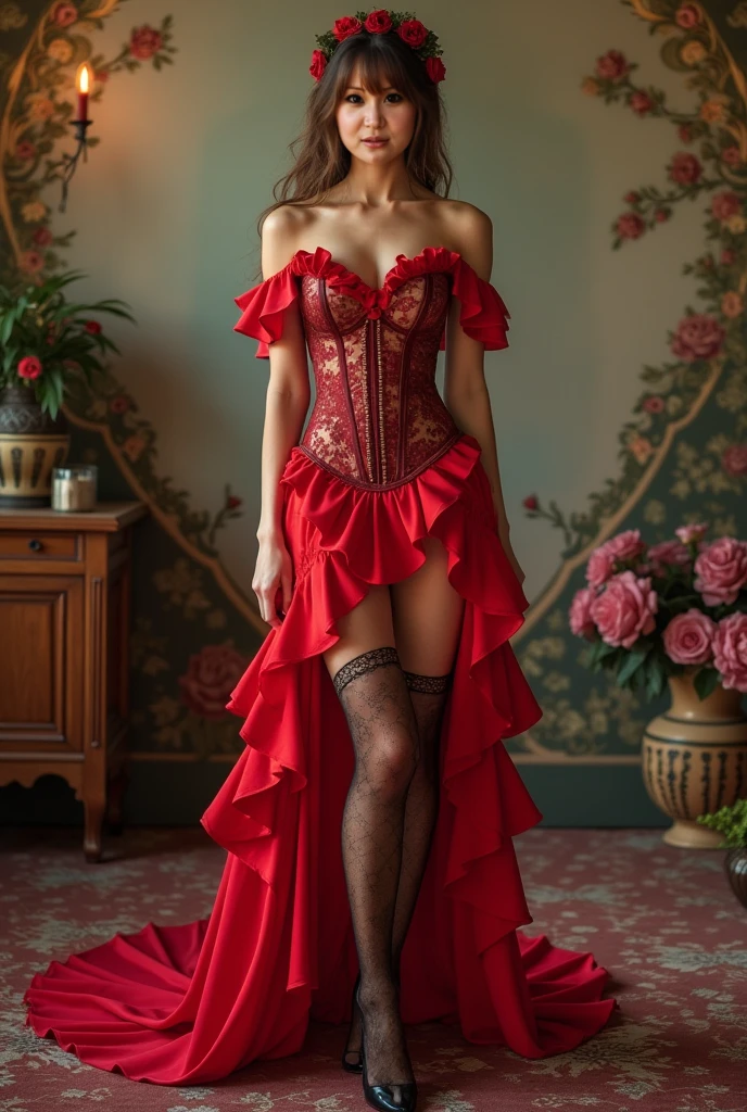 Best quality, high resolution, masterpiece: 1.3), a tall and beautiful woman, (dark brown short hair: 1.2), wearing pendant, pouf dress, black and red wedding dress fashion dress design "haute couture" fairy charming fantasy fantastic theme black embroidery with some ruby red details embroidered frills, red and black, layers. Dark mode of layers, layers, layers, evil, stars, moon, fog and wind, without any pose, standing (background is in the living room at home), beautifully presented details in face and skin texture, detailed eyes, double eyelids, smiling,(Full Body),(cute face:1.3),(huge breasts:1.3),(high-heels:1.3),(big hips1.3),(medium thighs:1.3),(Random Dress from haute couture :1.3)