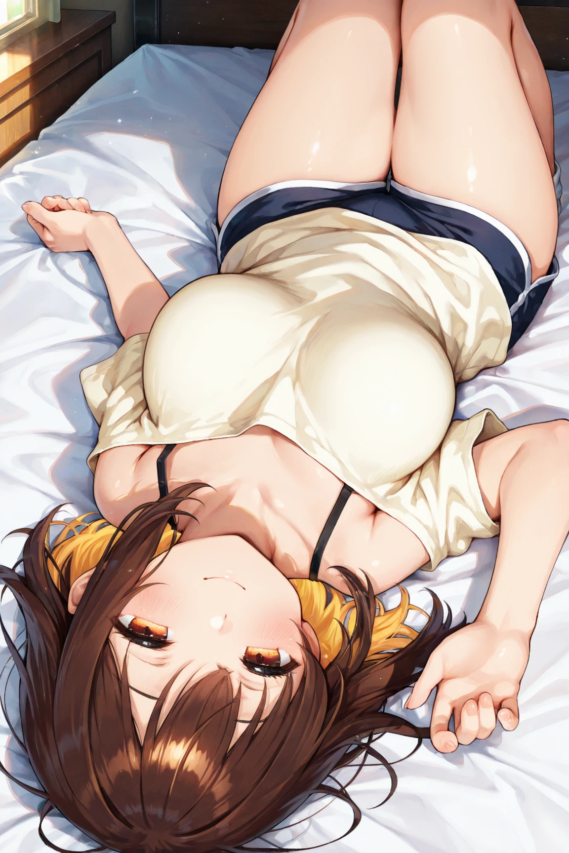 Highest quality, High resolution,8k、Beautiful Face、Perfect Face、naked、One girl（（Looking back、She is lying on her stomach and having sex in the sleeping position.）），Boobs shaking violently up and down、A large amount of semen is applied、Cool look、blush（1.9）、Sweat（1.9）、steam、Dark brown hair（Outside flip、Outer Curl）, Giant Eyes、Dark green eyes, Short Hair, Mole under eye, Huge breasts（0.9）, bangs（）, Cleavage, clavicle,Big Butt， indoor, Final fantasy（anime、selphie tilmitt、Yellow dress（Center zipper、Her breasts are exposed、Nipples are exposed）、necklace、White panties（She is shifting to the side exposing her pussy.）、｛A perspective of staring at the buttocks and back from a male point of view.｝ 　　　　　　　One Black Man，Big Penis，（A man is having sex with a girl in a sleeping position）