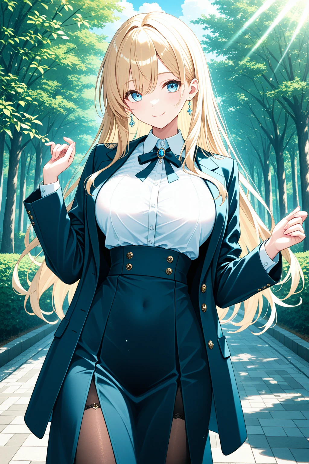 Visualize Naruto Uzumaki as a girl, with flowing blond locks cascading down her back, framing her striking blue eyes. She radiates charm and allure, her feminine features accentuated by a touch of hotness. Her slender figure boasts medium-sized breasts, perfectly fitting for her 34D size, enhancing her overall appeal.
In this rendition, Naruto dons the iconic outfit of Izuku Midoriya's female counterpart. A fitted grey blazer with delicate green accents hugs her curves gracefully, allowing for both elegance and freedom of movement. Beneath the blazer, a pristine white blouse with a crisp collar highlights her face, exuding purity and determination.
Around her neck, a meticulously tied green and black striped necktie reflects her attention to detail and unwavering resolve. The pleated green skirt, falling just above the knee, adds a touch of vibrancy to her ensemble, mirroring the lush surroundings of the hero academy grounds.
Completing her attire are knee-high socks, snugly embracing her calves, and sleek black loafers that seamlessly blend style with functionality. A verdant ribbon intricately woven into her short bob with soft waves adds a pop of color to her hair, accentuating her feminine charm.
This image captures Naruto Uzumaki's feminine yet powerful presence, poised to conquer any challenge as she embarks on her journey to become the hero she is destined to be. Rendered in exquisite detail and vibrant hues, this high-quality 8k resolution artwork showcases her beauty and determination in stunning clarity.