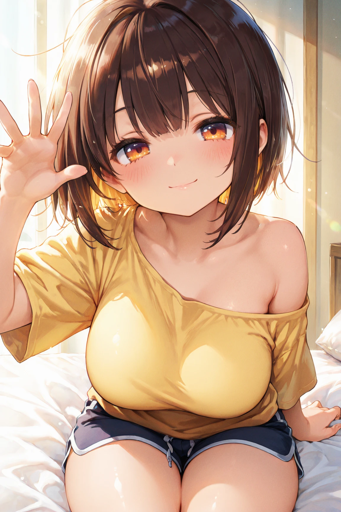 nsfw,One Woman、10 years old、Primary school students、Completely naked、（Beautiful nipples）、((Small Breasts)),Highest quality、Very delicate and beautiful、((Very short bangs))、((Bangs))、Light shiny brown hair、The hair is light、((Short Bob))、Cute face、Young face、Cute like an idol、Yellow Eyes、Are thin、Slim figure、Short、（Child body type）、((Lots of sweat))、Embarrassed face、Open Mouth、smile、Red face、（School classroom）、Photographed from the front、