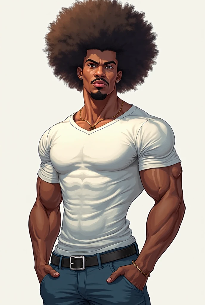 a huge muscular naked black man with a tiny waist, bodybuilder wearing a blue thong, with an outrageous blue mohican haircut, standing facing the viewer, full body image, seen from a low angle