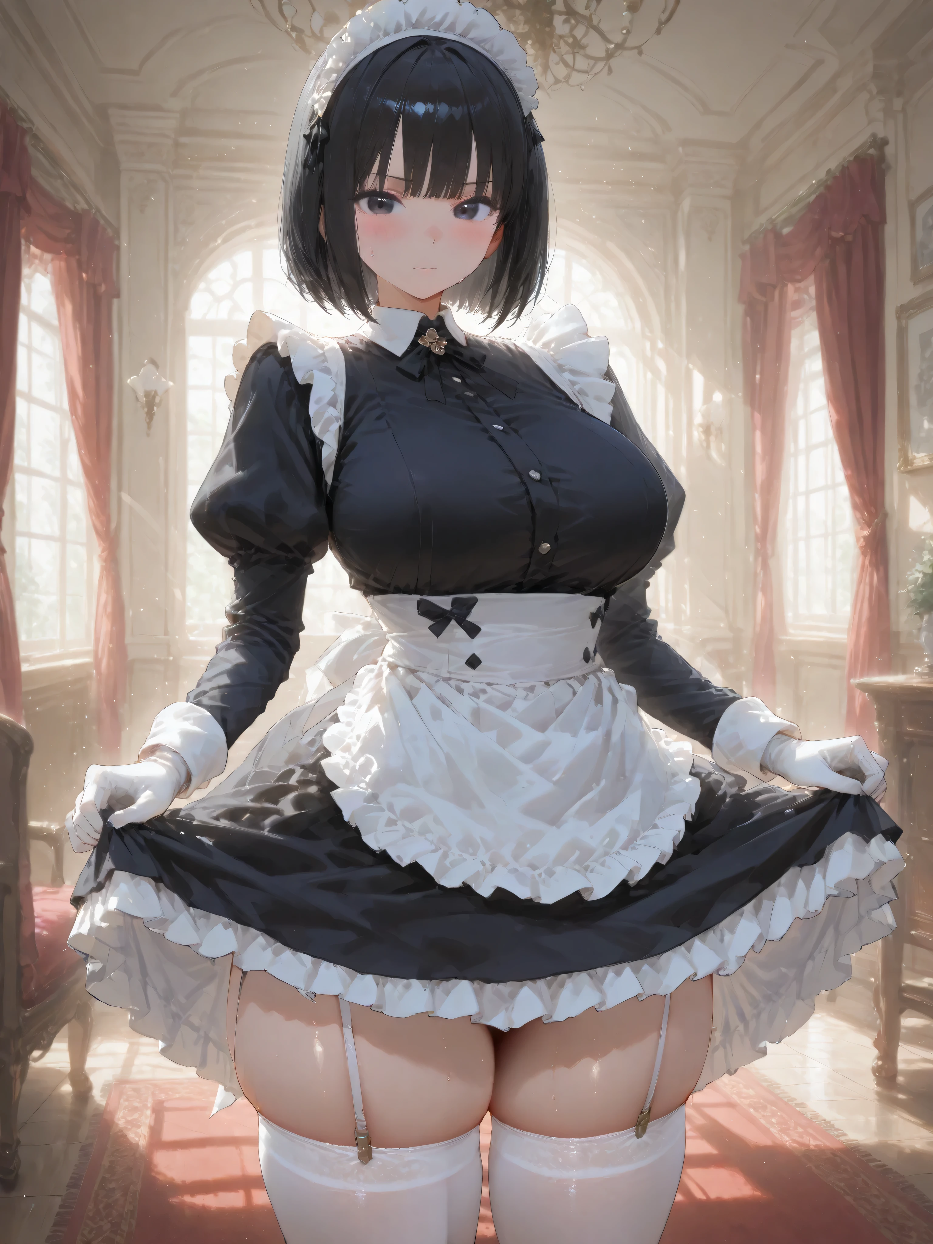 1girl, solo, breasts, looking at viewer, blush, short hair, black hair, long sleeves, closed mouth, standing, indoors, puffy sleeves, white gloves, sweatdrop, black dress, white thighhighs, black eyes, maid headdress, window, skindentation, thick thighs, bob cut, garter straps, curtains, white apron, maid apron, red carpet
