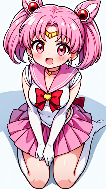 Sailor Moon，childhood，Seven years old，Cute little loli，Pink hair twintails，short hair，Sailor suit，red bow，White elbow gloves，Red Skirt，lying down，no shoes，Open your mouth，laughing out loud，fangs，(white pantyhose),(white pantyhose)