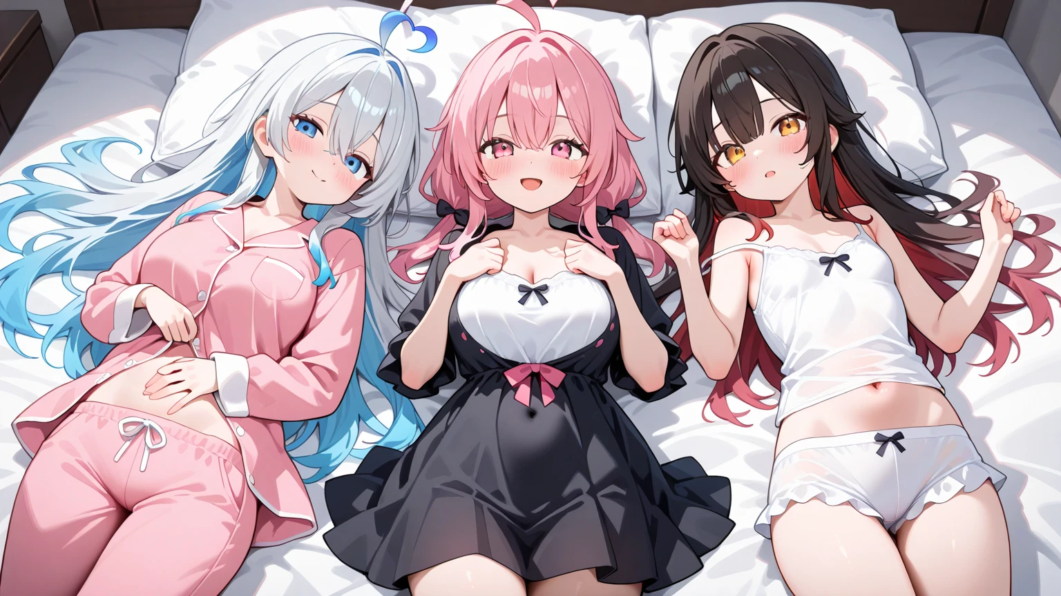 (Best Illustration, masutepiece, NSFW), Bed in the bedroom, (3 married women:1.2), (Futanari:1.6), (Big:1.2), (Chincus:1.8), (See-through string bra and string panties:1.5), (kinky lesbian:1.2), (cheating wife lesbian:1.2), (choose each other'penises:1.5), (euphoria of pleasure:1.5), (AHE Face:1.5), (grinning lasciviously:1.5), (Open the large mouth:1.1), (stick out a long tongue:1.1), (Enchanting:1.1), (Futanut:1.6),