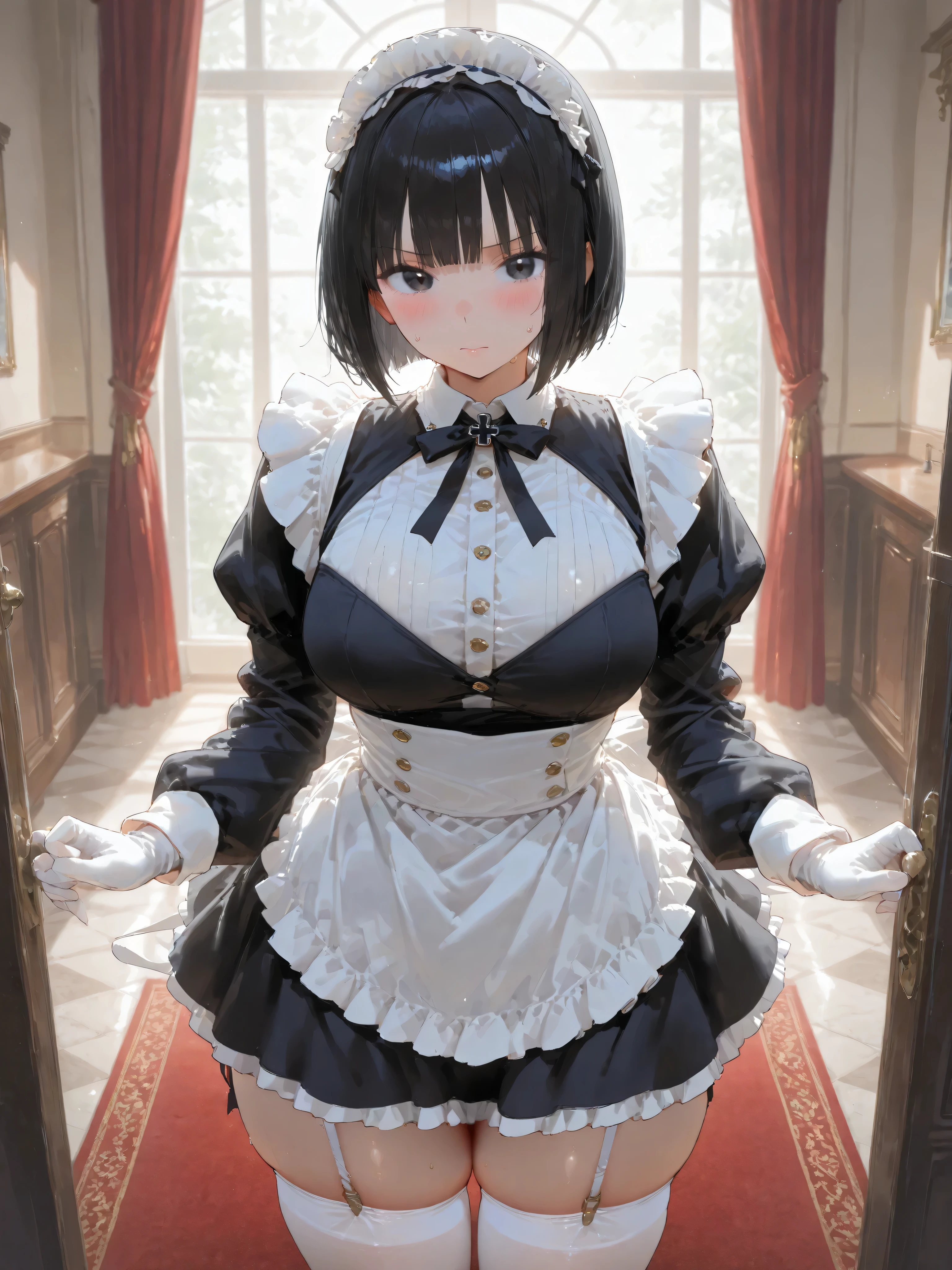 1girl, solo, breasts, looking at viewer, blush, short hair, black hair, long sleeves, closed mouth, standing, indoors, puffy sleeves, white gloves, sweatdrop, black dress, white thighhighs, black eyes, maid headdress, window, skindentation, thick thighs, bob cut, garter straps, curtains, white apron, maid apron, red carpet