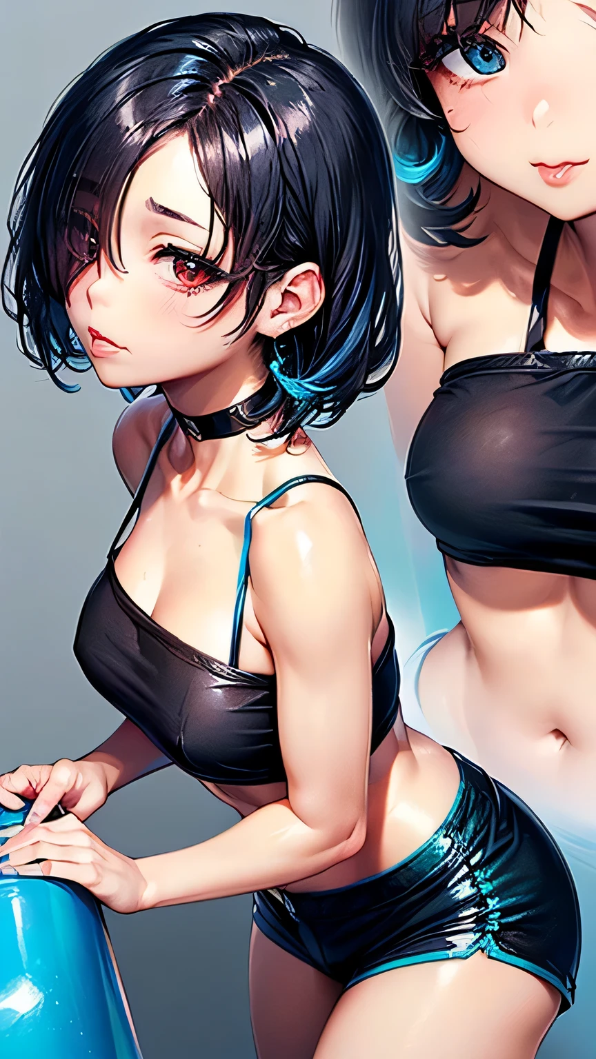 Masterpiece, top quality, best quality, official art, beautiful and aesthetic, anime, 1girl,extremely detailed, colorful, more detailed ((ultra-detailed)), (highly detailed CG illustration),Best Quality, High resolution, Unity 8k Wallpaper, (Illustration:0.8), (Beautiful detailed eyes:1.6), extra detailed face, Perfect Lighting, extremely details CG, (Perfect hands, Perfect Anatomy), swimming pool, black short hair, blue eyes,earrings,skinny fit,small breasts,wet, tight blue swimsuit, from behind,bend over,in middle, soft light.