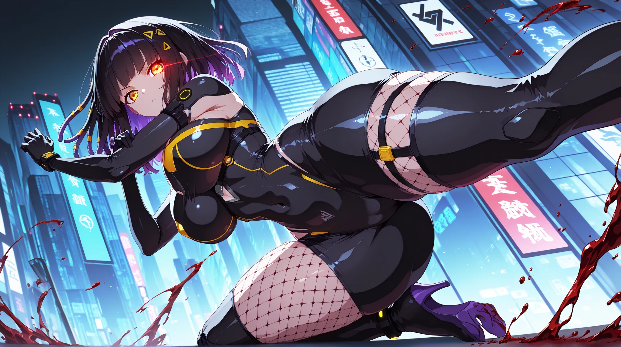 NSFW、Highest quality,Masterpiece,High resolution,Super detailed,perfect anatomy,extremely detailed CG,girl,(Full body painting)、No correction、(((Sato Air)))、(Character portrait)、Evil Combatants、One unparalleled beautiful girl,Short Hair,Brown Hair,Blue Eyes,Big Breasts,Big Butt、((Fallen into evil))、Glossy black bodysuit、A plump and seductive body、The ultimate female body、Wicked Smile,cute,Refreshing belly,,See-through clothing、Shiny skin、Wearing a mechanical miniskirt、((Mecha Girl))、Knee socks、((Obscene lines))、(Has a mechanical demon tail)、(Has mechanical demon wings on his back)、(Mechanical Limbs)、(Background is a ruined city)、(Vicious clawed gauntlets)、