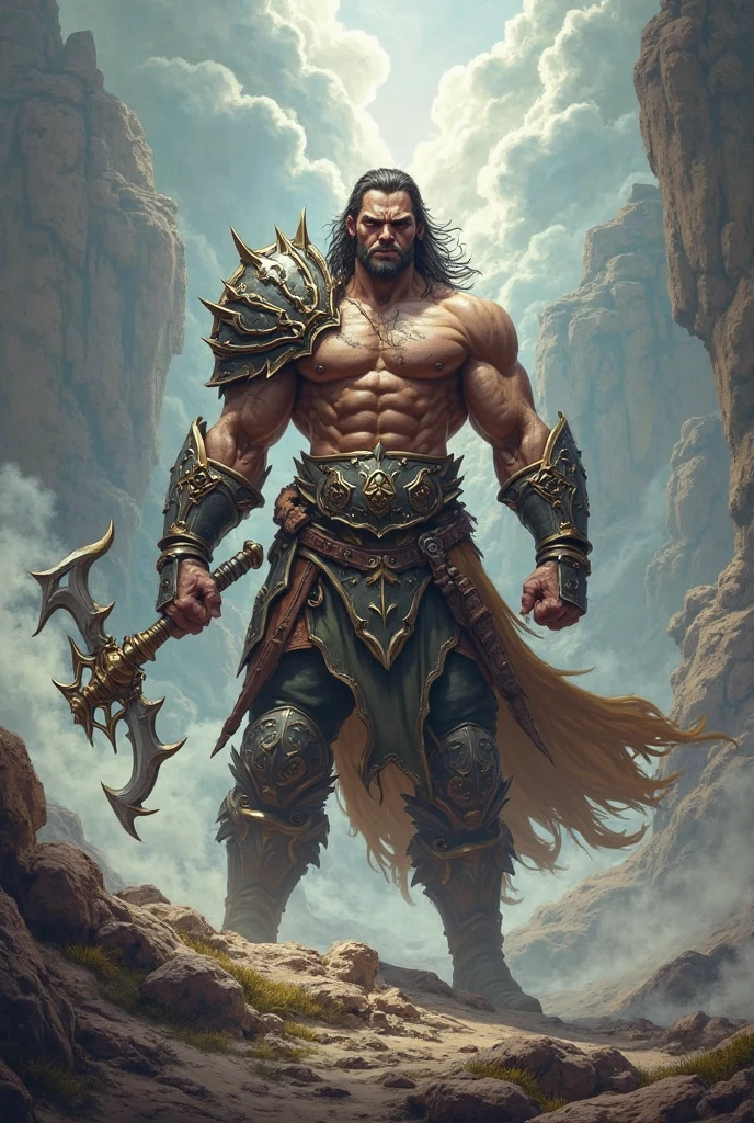 (melhor qualidade, high resolution, ultra-detalhado, realista:1.37),(homem), dynamic lighting, oil painting, Guerreiro, olhar intenso, strong and defined characteristics, cabelo solto, postura poderosa e confiante, dramatic shadows, cores vibrantes, complex armor with metallic details, epic battle scene, post apocalyptic landscape, atmosfera assustadora, arte de fantasia, abelos cumprido ou curto, Face da Brava, reino sombrio, pose sexy, fantastic landscape, fantasia adulta