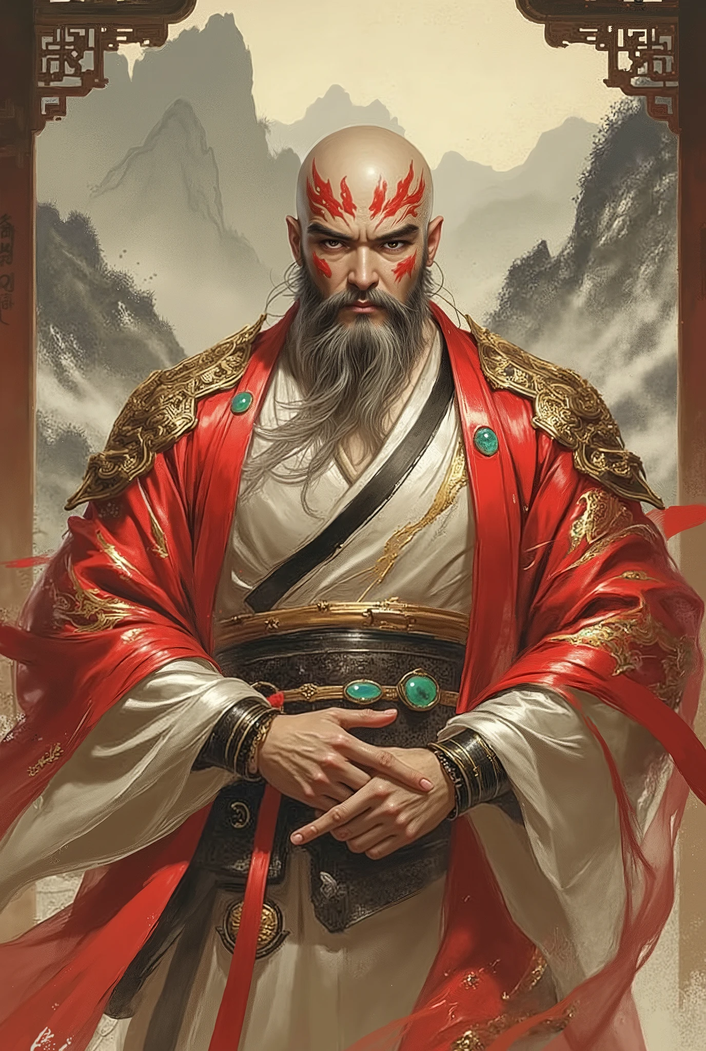 Epic masterpiece, award-winning digital painting, hyper-detailed, modern Chinese fantasy (manhua) art style, fusion of Ruan Jia and Huang Guangjian. A bald, middle-aged warrior-scholar with a full, flowing beard, bold eyebrows, and intense, piercing large round eyes. His face is adorned with intricate, crimson and gold flame-shaped war paint. He wears an exquisite fantasy-style Chinese hanfu robe, detailed with shimmering silk ribbons and ornate jade decorations, over a sleek, light-colored bodysuit. The character stands with an imposing presence in a grand, ancient Chinese hall, bathed in dramatic, cinematic lighting and chiaroscuro shadows. The background is a fluid, atmospheric dynamic ink wash painting of misty mountains. Full body shot, sharp focus, insanely detailed, intricate, elegant, 8K resolution, perfect anatomy, symmetrical expressive face, perfect hands with five fingers.