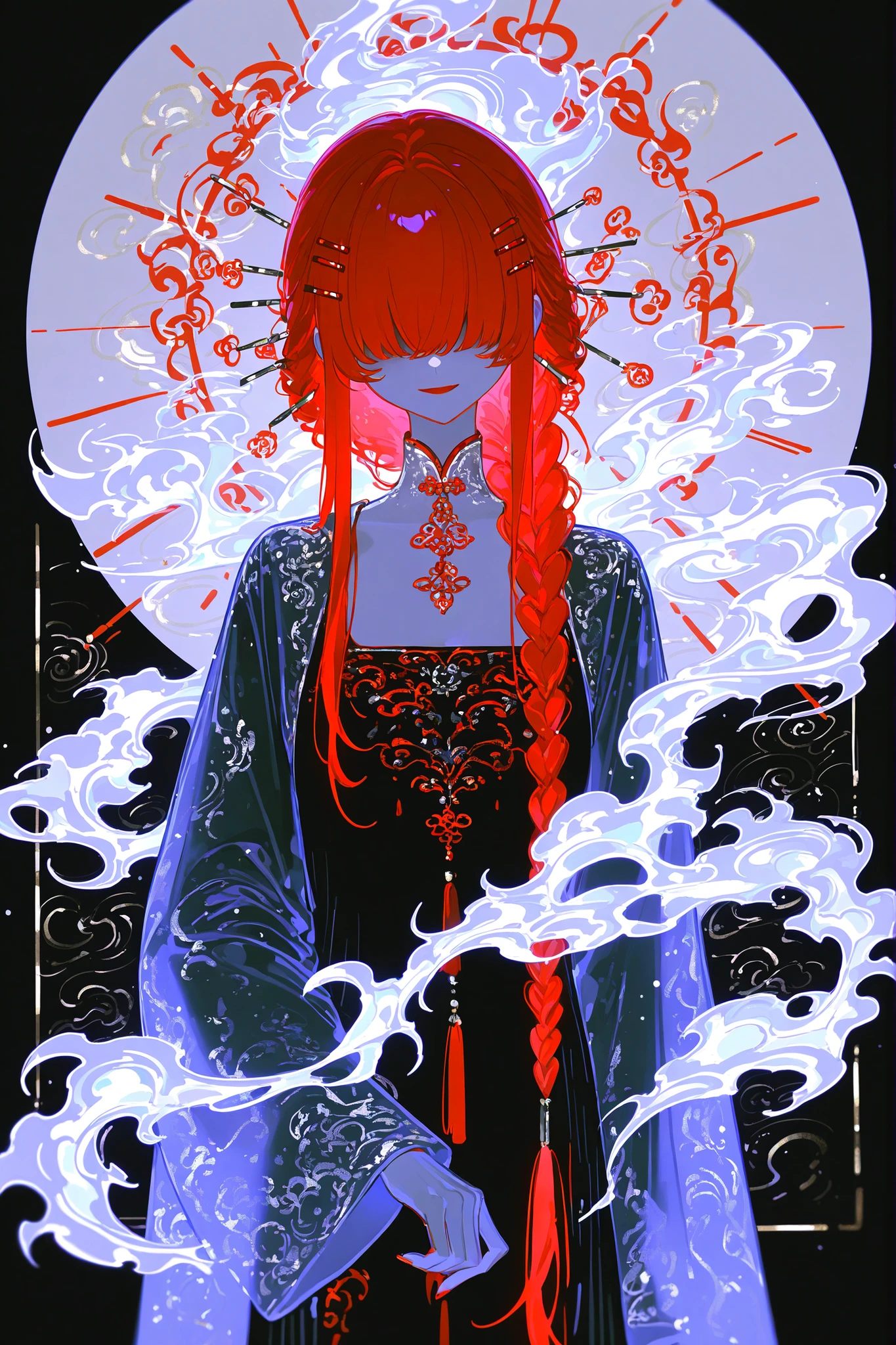 The girl with the copper skin. She has purple glowing eyes and dark purple eye shadow. She has a red eyebrows and red eyelashes. She has fiery scarlet red longest hair braided in a loose braid that floats in the air. her red hair over eyes hiding half of her face. She has blue peonies and silver Chinese hairpins in her hair. She is wearing a traditional Chinese light turquoise Hanfu dress with a small neckline, long sleeves and embroidery in the form of a silver phoenix. on the background : ancient Chinese pharmacephtic shop.