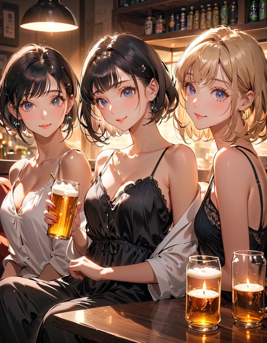 ((best quality)), ((work of art)), ((detailed)), man with short white hair, sitting at a bar table, with two women wearing white dresses, one woman with brown hair and bangs, and another woman with blonde hair.
