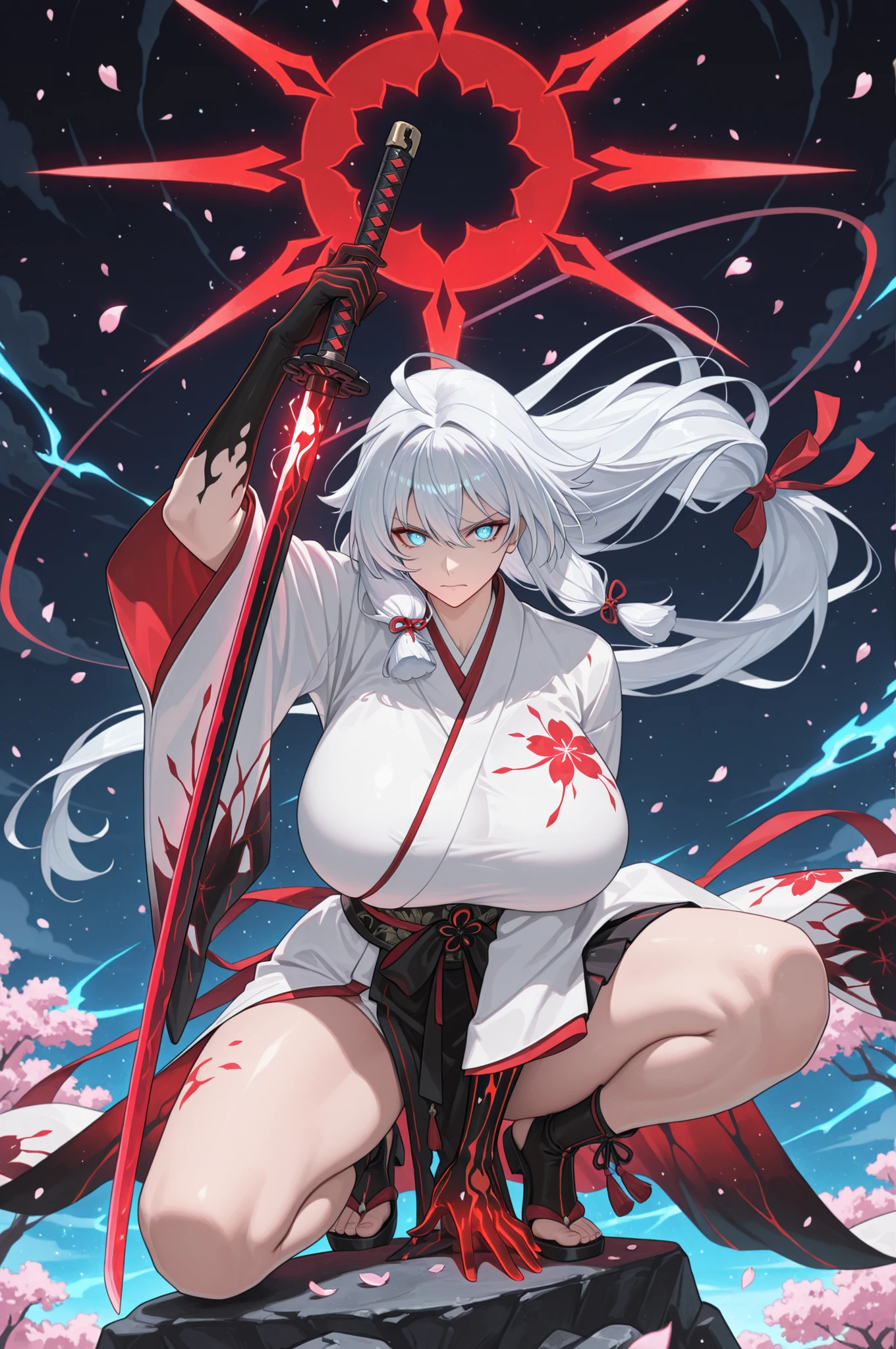(masterpiece, best quality, newest, absurdres, hires, ultra detail, HD), A female warrior with gigantic breasts, long, white hair tied into a high twin-tail with ribbon accessories and floral ornaments. She has bright, clear blue eyes that glow with intensity. She wears a white and black short kimono with floral patterns, fitted with a detailed obi and traditional tassels. The warrior is posed in a dynamic battle stance: crouching with one knee raised on a rock, the other leg bent low for balance. Her upper body twists slightly to the side, with one hand gripping the hilt of a glowing katana and the other drawing it from its ornate sheath. Her expression is serious and fierce, looking directly at the viewer. Magical blue and red energy crackles around the blade, illuminating her form. Her long hair and kimono flutter with the wind, surrounded by cherry blossom petals in dark hues. The background features a moonlit night sky, dark sakura trees, and a mystical atmosphere enhanced by glowing energy trails.