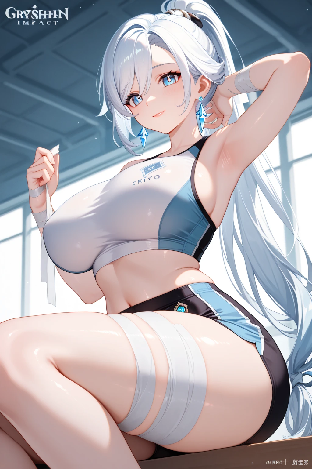 (((masterpiece))), ShizukaMikazuki, One Girl, alone, Looking at the camera, Long Hair, Gray Hair, Long sleeve, Cleavage, Very large breasts, Mature Body,Adult face,clavicle, Jacket, Open clothes, open Jacket, blue hoodie, Black sports bra, Black hot pants, choker with a charm,Play sports often,bicycle,Clear light blue eyes, Blushing,High Twintails,Navy blue ribbon,smile,Troubled expression,Earrings,Golden navel piercing,Park at dusk, Holding a sports drink