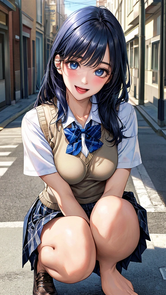 (Masterpiece:1.3、highest quality、Ultra-high resolution、Super detailed)、(Real:1.1、Photorealistic:1.4)、Beautiful illustrations、Perfect lighting、colorful、Border Depth、Beautiful Hair in Every Detail、Beautiful face in every detail、Beautiful definition details、Beautiful clavicle、Beautiful body、Beautiful breasts、Beautiful thighs、Beautiful legs、Beautiful fingers、Show Viewer、1 girl、Japanese、high school girl、Perfect Face、(Perfect Anatomy、Anatomically correct)、Cute and symmetrical face、Baby face、Sunburn、Skin radiance、(Camel Toe:1.5、Shaved:1.2)、Beautiful Hair、Asymmetrical Bangs、blue eyes、Long eyelashes、(Chest)、Skinny、(Pull up your skirt、Not wearing underwear、No underwear:1.5)、((Collared short-sleeved shirt、Light blue shirt、)Grey plaid pleated skirt、Navy ones))、(Beautiful views)、evening、(Outdoor、distant cityscape)、Are standing、(Pull up your skirt yourself:1.5)、(Cute smile、Blushing、Looking up、Open your mouth)、 (Opening a girl's pussy:1.3)、hour々squat:1.2、Stick your fingers in your:1.2、