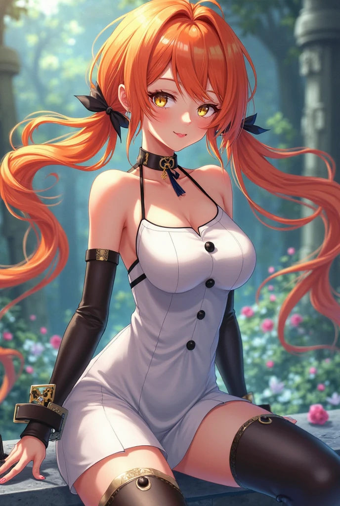 annette_war, orange hair, blue eyes, 1girl, solo, breasts, looking at viewer, blush, large breasts, nature, pond, trees, park, long white elbow satin gloves, holding, animal ears, cleavage, bare shoulders, jewelry, very long hair, gentle smile, pantyhose, earrings, rabbit ears, leotard, fake animal ears, playboy bunny