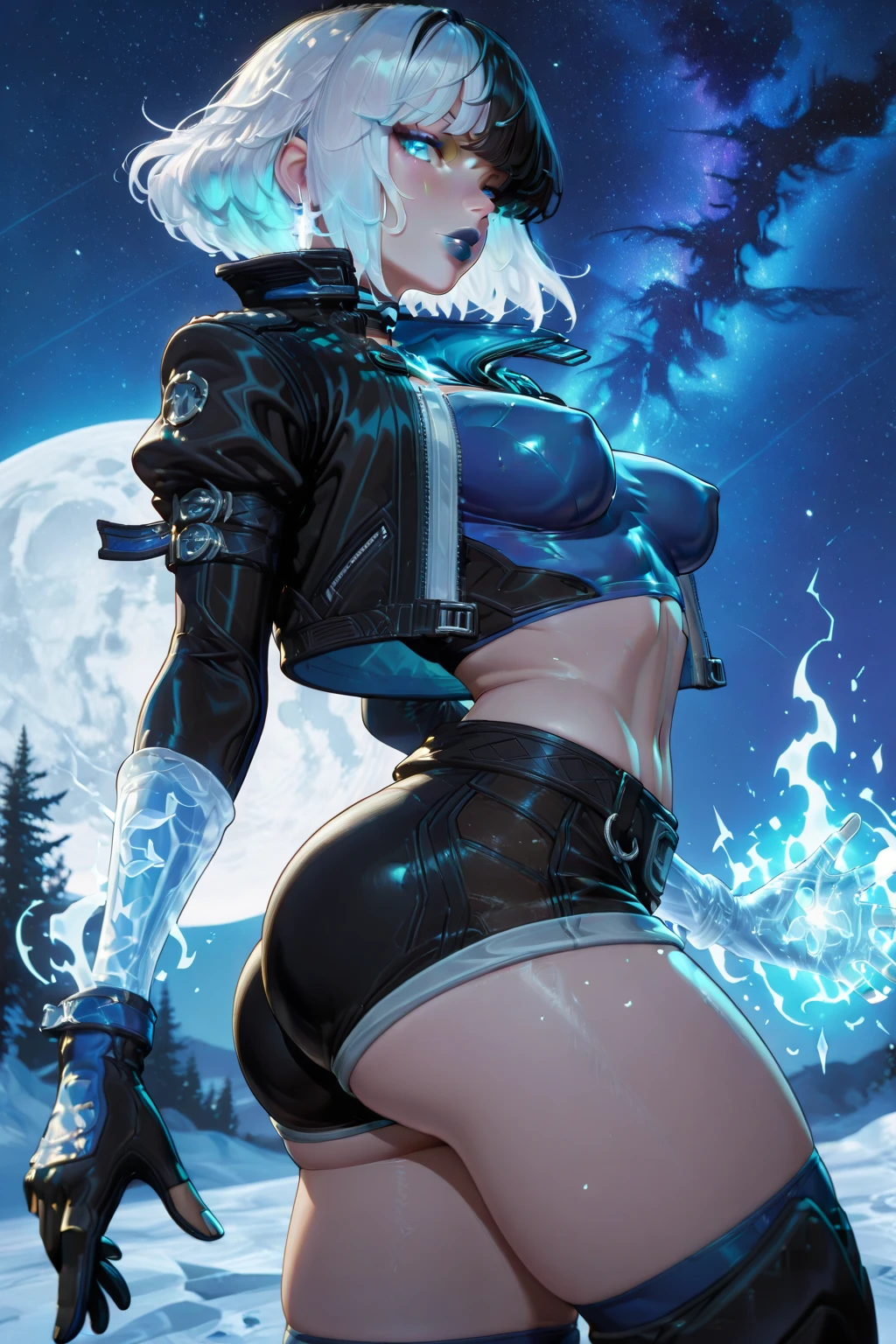 1girl, (solo), short ponytail hair, light blue hair, flat breasts, small size, blue eyes, fair skin, full nude, full body, lot of cum on sex, (night), blue moon, frozen lake, forest behind, (very sexy body, detailed face, beautiful detailed eyes, beautiful detailed lips, extremely detailed eyes and face, long eyelashes, masterpiece, highly detailed, 8k, best quality, vibrant colors, digital art, concept art)