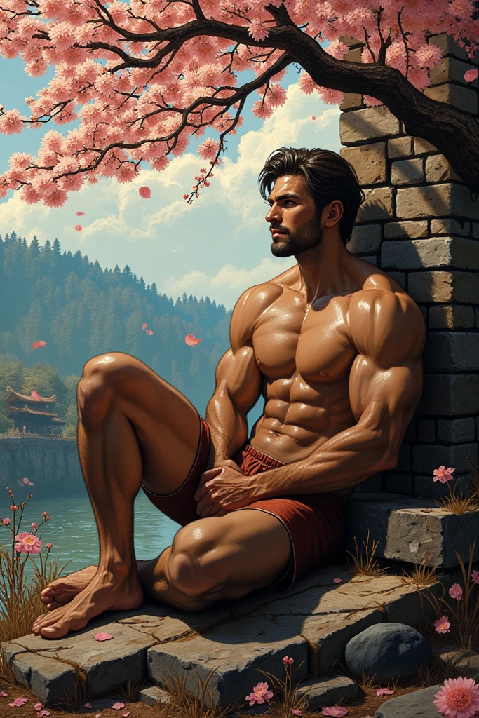 HD quality, high definition,male 18 years old handsome, muscular and slim, red lips, leaning against an old tree, naked and wearing thong, model with bracelets, earrings and Necklace, wearing head band and sunglasses, full sexy body, wearing socks,