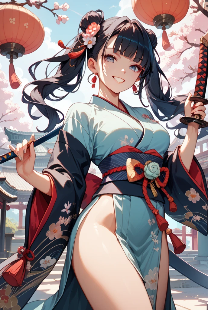 Masterpiece, super high quality, super detail, perfect drawing, CG, 3D, 8k, illustration, beautiful face girl, one Japan beautiful girl, samurai costume, kimono, kimono, hakama, black hair, ponytail, large red ribbon, equipped with two Japan swords on the left waist (120cm sword, wakizashi 90cm), Japan armor, back of hand, bowl metal (bowl roll with metal plate on the forehead), hanging eyes, cute, dignified and cute expression, cute smile, hands on sword hilt, round cute buttocks, turn around with a smile, butt sticking out pose, 3 sizes B90W60H95, moonlight leaking from the clouds, old castle, ruins, gradient sky, beautiful girl in loincloth Japanese clothes Shirtless Rich breasts Back appearance Cute Well-formed face Loli big ass Look back with a cute smile MeasurementsB95W60H90, master-piece, hyper quality, hyper detailed,perfect drawing,solo, brilliant, beautiful, majestic, elegant, glittering, flower and bird wind moon, fantastic, passionate, dynamism, sense of speed, quaint masterpiece, super high quality, super detail, perfect drawing, cg, 3d, 8k, illustration --auto --s2
