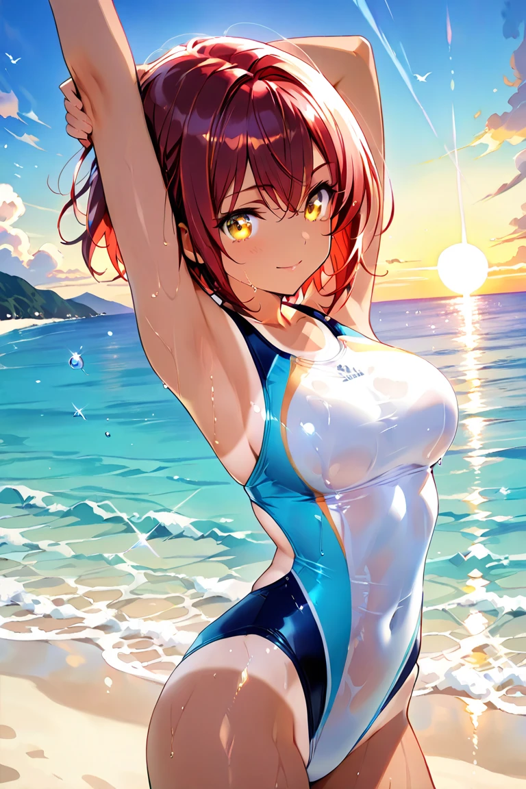 
((best quality)), ((masterpiece)), (detailed), perfect face,pink eyes , Athletic, tanned skin , cheerful face ,orange hair ,Wet , short hair ,Huge breasts , bikini   , blush  ,  Wet , Heating , in the sea