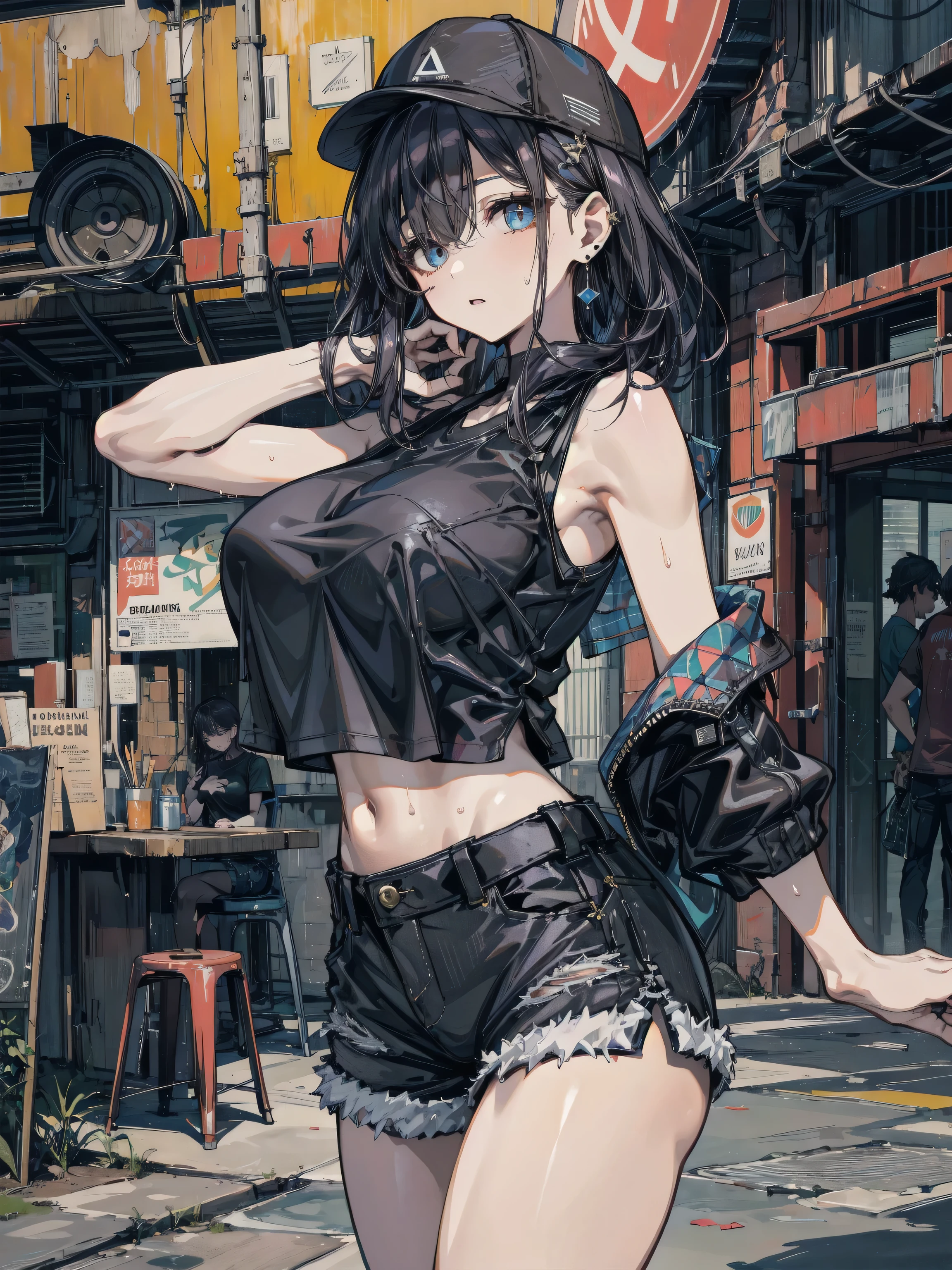 28-year-old girl, cute type, medium long hair, oblique bangs, beautiful black big eyes, high nose, thick nose wings, cherry cute small mouth, slightly chubby body, medium breasts, denim small jacket, black short skirt, black high heels, beautiful scenery