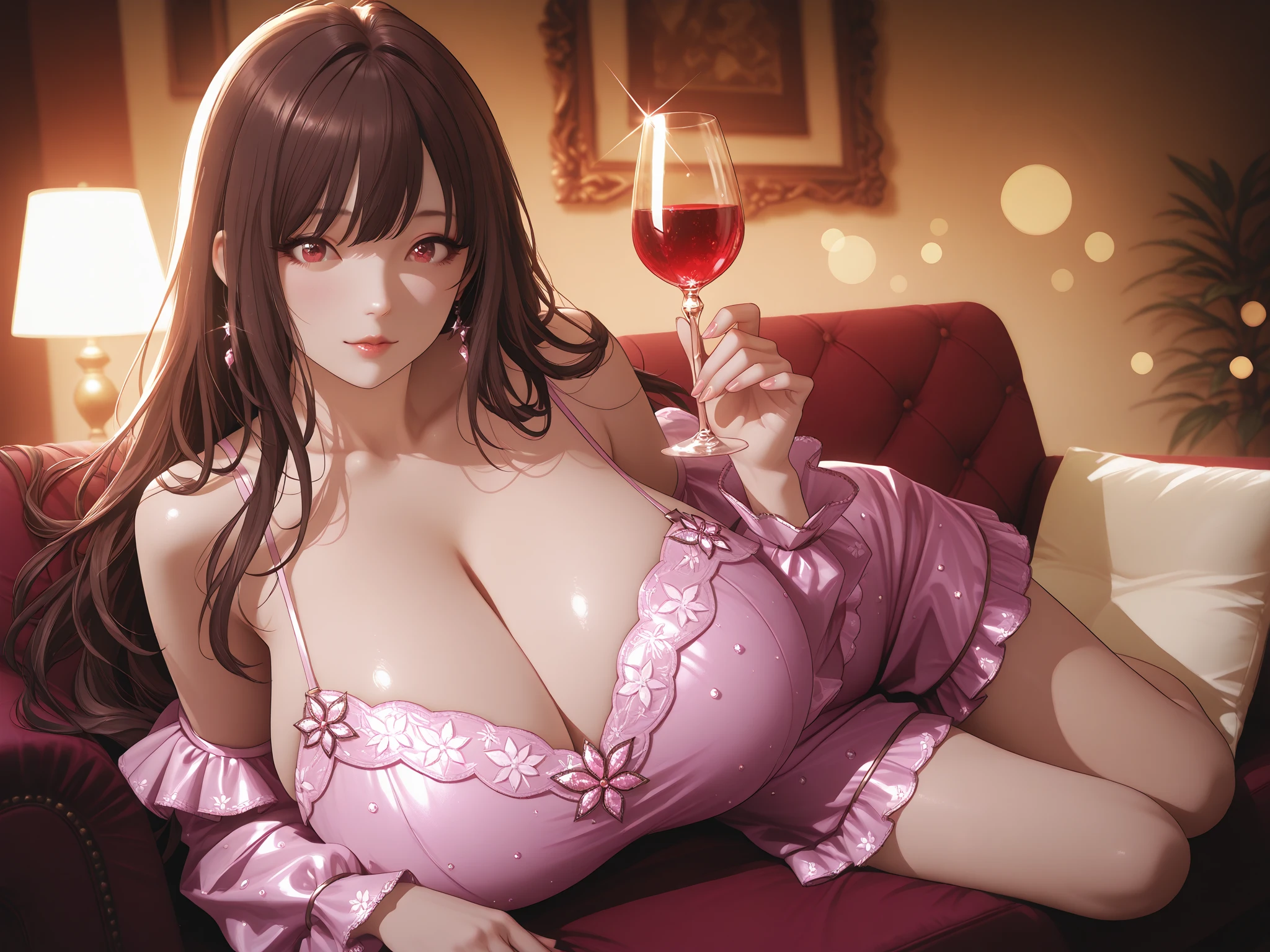 (Very detailed, highest quality, Anatomically perfect body), One girl, Anime Girls, Brown long hair, Brown eyes, Pink Glasses,heart shaped pupils,Sunburned skin, Large Breasts,beautiful breasts,pointy breasts,(Big Ass),summerdress,Wisteria flower,Soft cream,orange juice,Sit on a chair,smile,at flower garden,