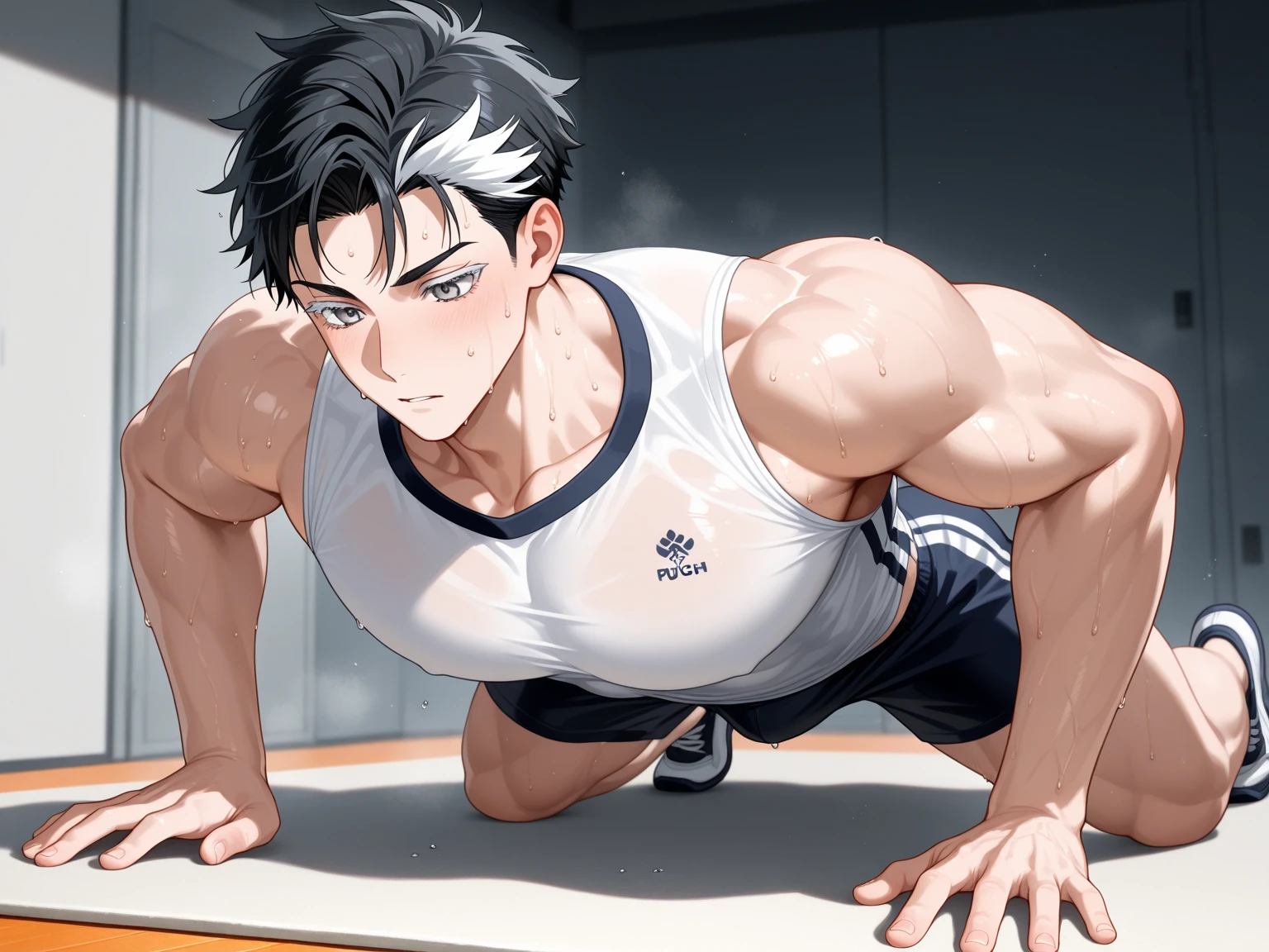 shirtless, super muscular, sweat-drenched body, 22-year old short black hair handsome caucasian male wearing white gym shorts, resting on the floor, sweating in the gym