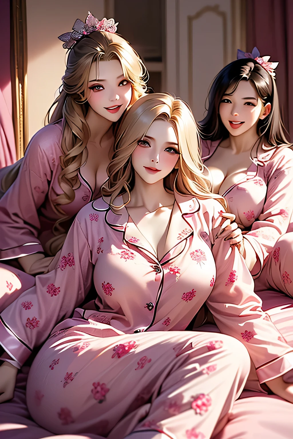 top quality、High precision in selection、(High Definition:1.3)、masterpiece、(VERY DETAILED FACE:1.3)、(detailed eyes:1.3)、Age beauty、anatomically accurate、(big boobs:1.3)、Jokingly、smile、Multiple women
(The woman gather in their room、enjoy a pajama party:1.5)、(Enjoy a sexy way to have fun:1.5)、
Sensual pajamas、leaning on cushions, women having pajama party Several girls in pajamas