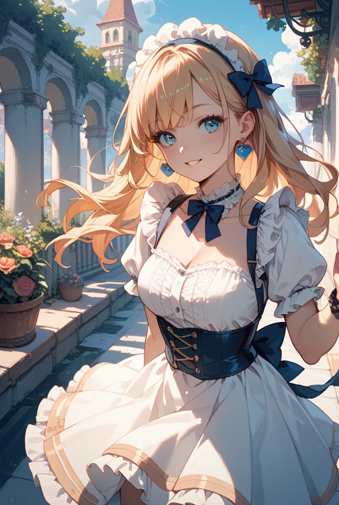 ((masterpiece) (((((Highest quality))))((High resolution))))), Very detailed, Ultra-realistic, 、blonde)、、、city、building、、(、Embarrassed face、、teeth 、Face looking back、From below、((Low Angle))、Maid、garden、No sleeve、Cowboy Shot、White panties