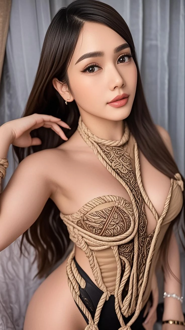 ((Best quality, 8k, Masterpiece :1.3)), 1girl, tied with ropes, side shot :1.2, beautiful burmese woman with slender abs: 1.3, (casual hairstyle, big breasts: 1.2), bikini, indoor, super detailed face, detailed eyes, double eyelids, whole body