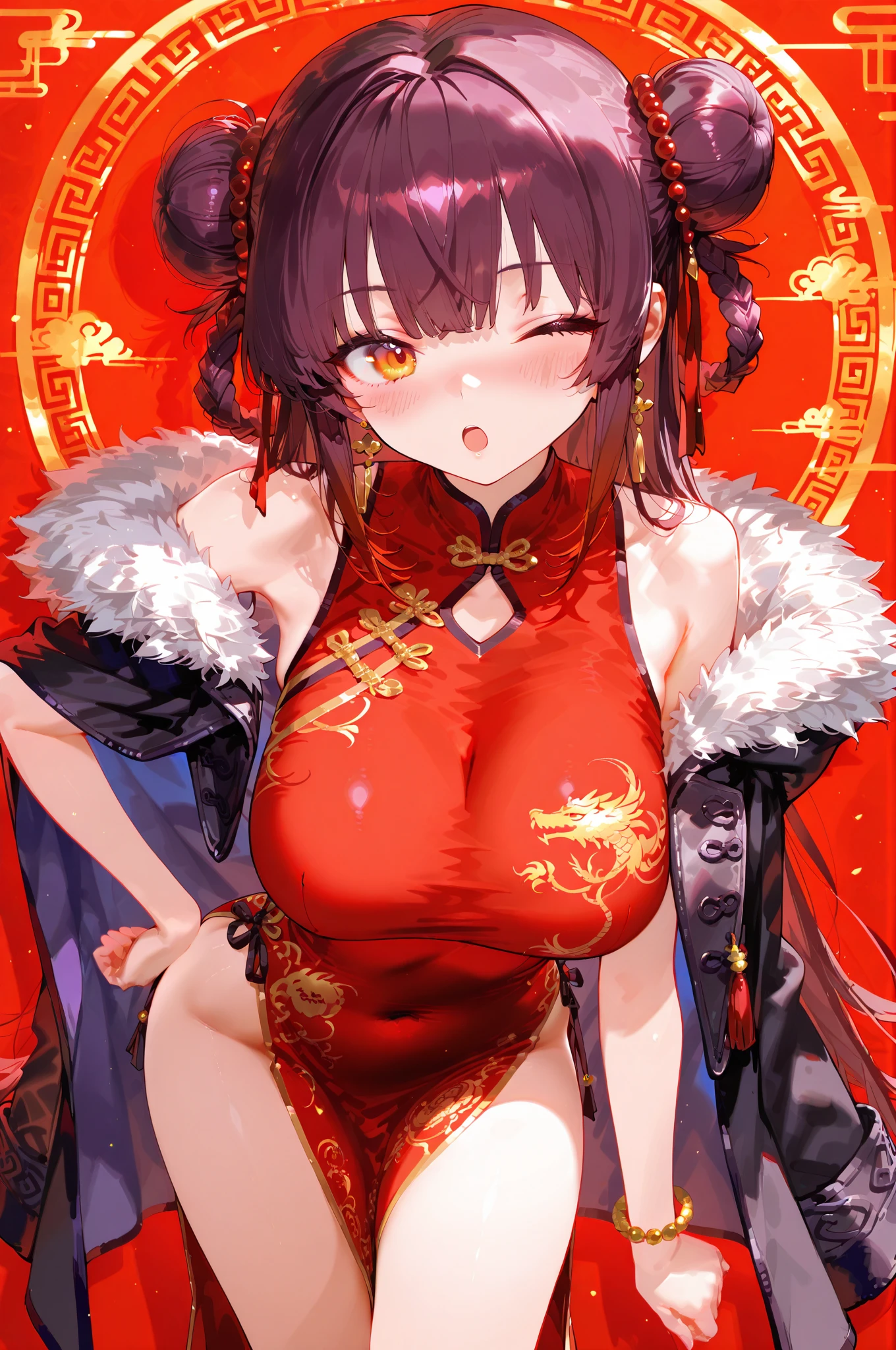 (Best quality at best,4K,A high resolution:1.2),ultra - detailed,actual,physically-based renderingt,vivd colour,bokeh,sportrait,Asian people,big breasts beautiful,exotic,Sexy Mature(40) maam,Soft moonlight,big breasts beautiful细致的眼睛,Sexy hourglass figure,Long black hair,Dragon's horn,Colorful ancient Chinese buildings，Wear a cheongsam，Glowing red eyes,Happy expression,Huge breast milk",fertility,[Malay],fresco,tranquil ambiance,Healthy nutrition. Full body photo, show her all