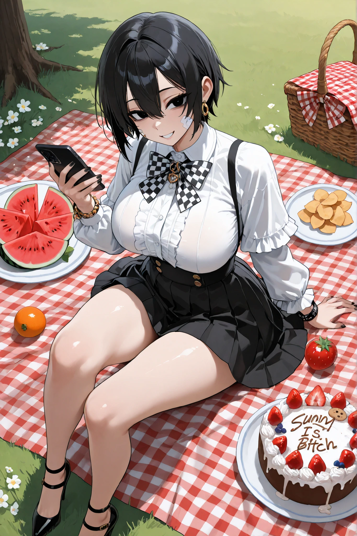 Bitch girl, interracial sex, black eyes, black hair, hair between the eyes, short hair, bandage on cheek, dressed in a trendy "coquette" or "cottagecore" style ensemble consisting of a red short-sleeved blouse with a round neckline and white buttons down the front, paired with a white pleated high-waisted skirt. The skirt has a frill at the waist and is accessorized with a strawberry-themed charm or pendant hanging from a hoop at the waist, black necklace on Yes, black nails, punk bracelets, gothic high heels, very large breasts, sitting on a red and white checkered picnic blanket on a sunny day in a field of green grass. She is holding a mobile phone with both hands, looking at the screen. In front of her is a wicker picnic basket with flowers and a red and white checkered bow, a wooden plate with watermelon, chips and cookies, a smaller basket with assorted fruit such as oranges, strawberries and apples, and a white heart-shaped cake with strawberries, first person view. Sexy bitch face. Large gold earrings. Rating 18 R. Sexy ass fitness, after_blowjob, breast_presentation, groping_from_behind, cum, rough sex,